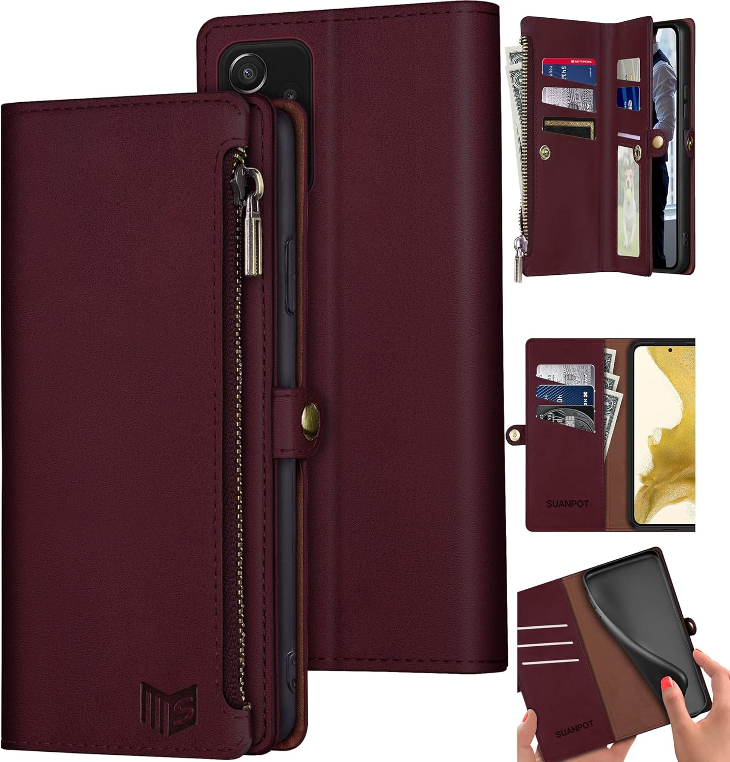 SUANPOT for Samsung Galaxy A52/A52S Wallet case RFID Blocking9 Card SlotPocket,Credit Card Holder Flip Folio Book Zipper PU Leather Shockproof Cover Women Men for A52 Phone case (Wine Red)