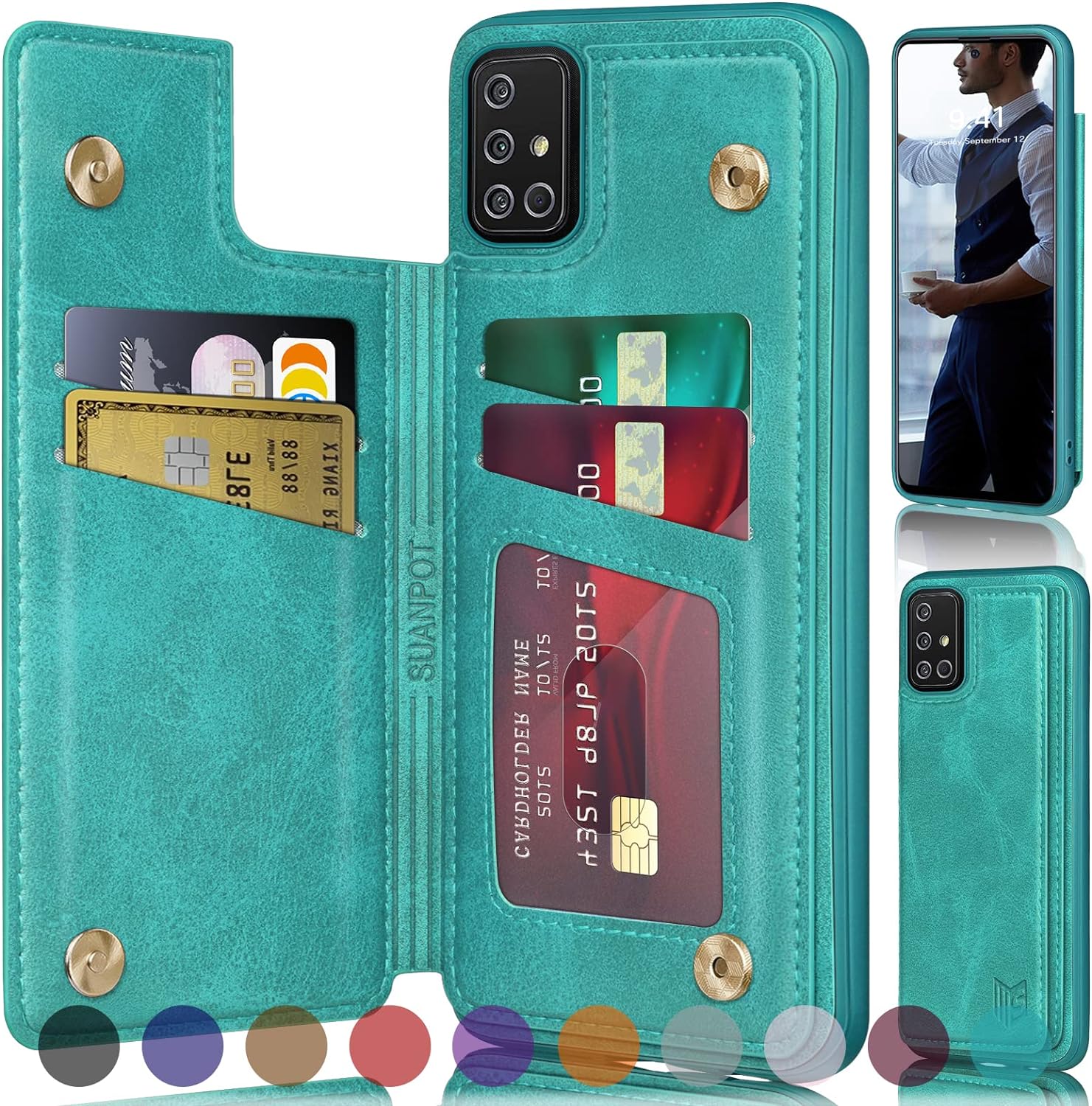 SUANPOTRFID Blocking for Samsung Galaxy A71 5G Wallet case with Credit Card Holder,Flip Book PU Leather Phone case Shockproof Cover Cellphone Women Men for Samsung A71 case Wallet (Blue Green)