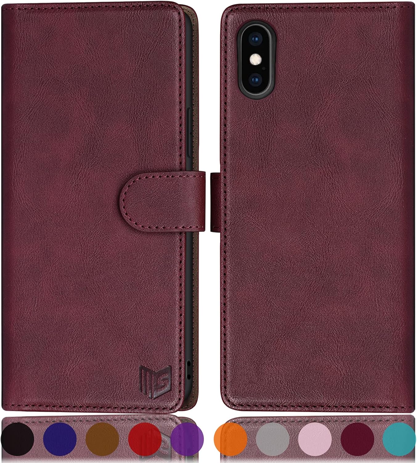 SUANPOT for iPhone X/XS 5.8inch(Non XS Max 6.5) with RFID Blocking Leather Wallet case Credit Card Holder, Flip Folio Book Phone case Shockproof Cover for Women Men for Apple X/Xs case Wine Red