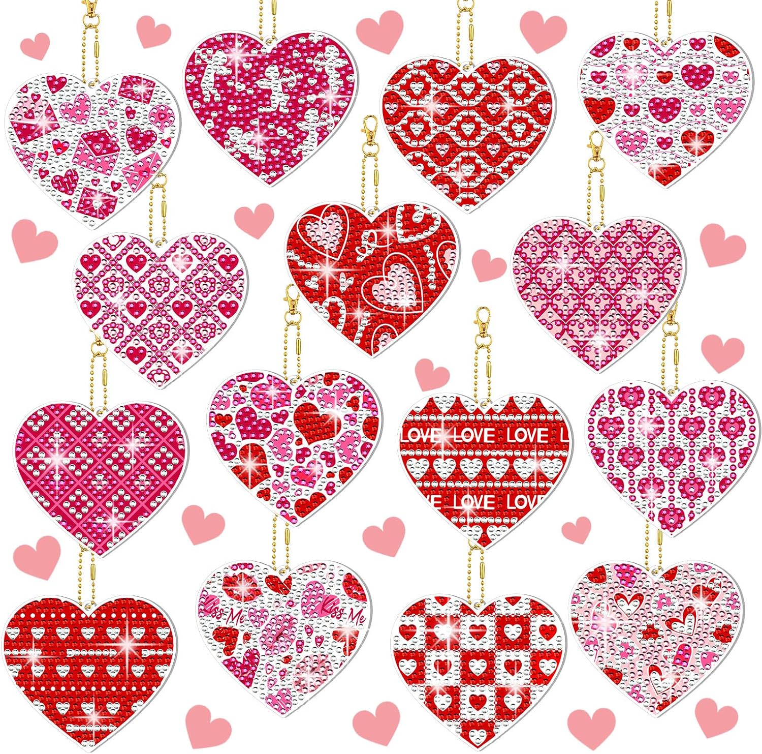 BBTO 15 Valentine' Day Diamond Painted Keychains Diamond Painted Ornaments 5D DIY Diamond Painted Keychains Colorful Valentine' Day Love Patterns Diamond Art Ornaments Children' DIY Crafts