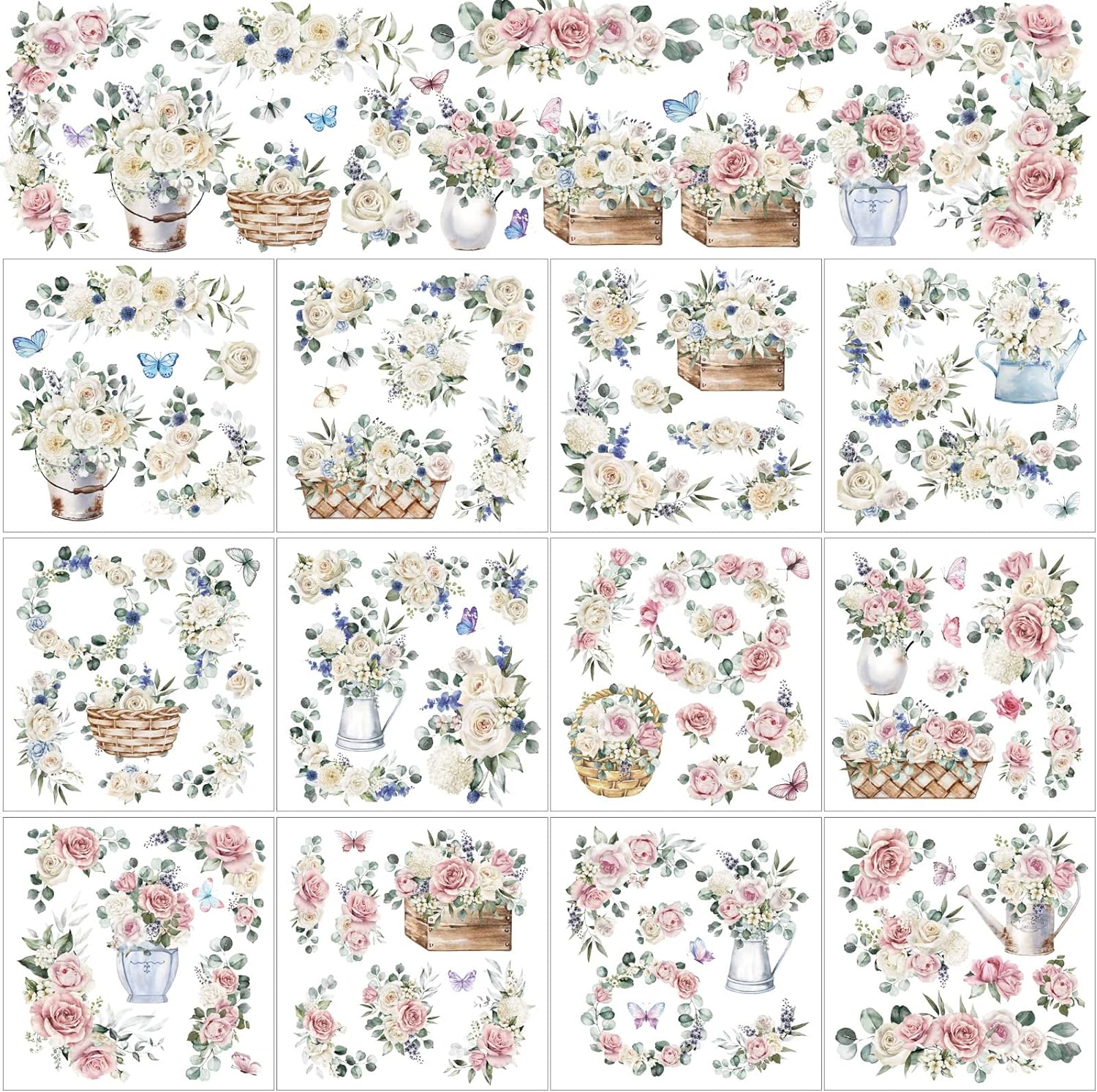 BBTO 12 Sheets Rub on Transfers for Crafts and Furniture Rub on Transfer Stickers Rub on Decals for Wood DIY Paper Home Decor, 5.5 x 5.7 Inch(White Rose)