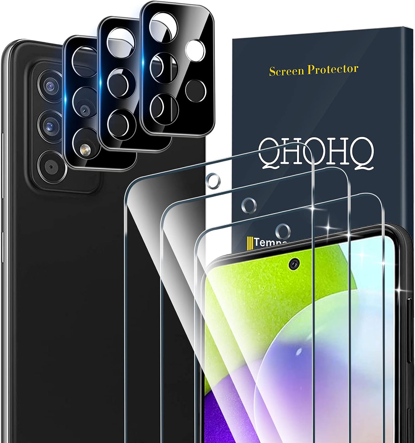 QHOHQ 3 Pack Screen Protector for Samsung Galaxy A52 4G/5G with 3 Packs Camera Lens Protector,Tempered Glass Film,9H Hardness - HD - Anti-Scratch - 2.5D Edge - Anti-Fingerprint - Easy Installation