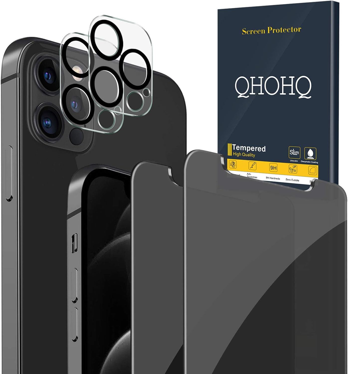 QHOHQ 2 Pack Privacy Screen Protector for iPhone 12 Pro 6.1 with 2 Packs Camera Lens Protector,Full Screen Tempered Glass Film,9H Hardness Anti-Shatter, Anti Spy, Touch Sensitive - Case Friendly