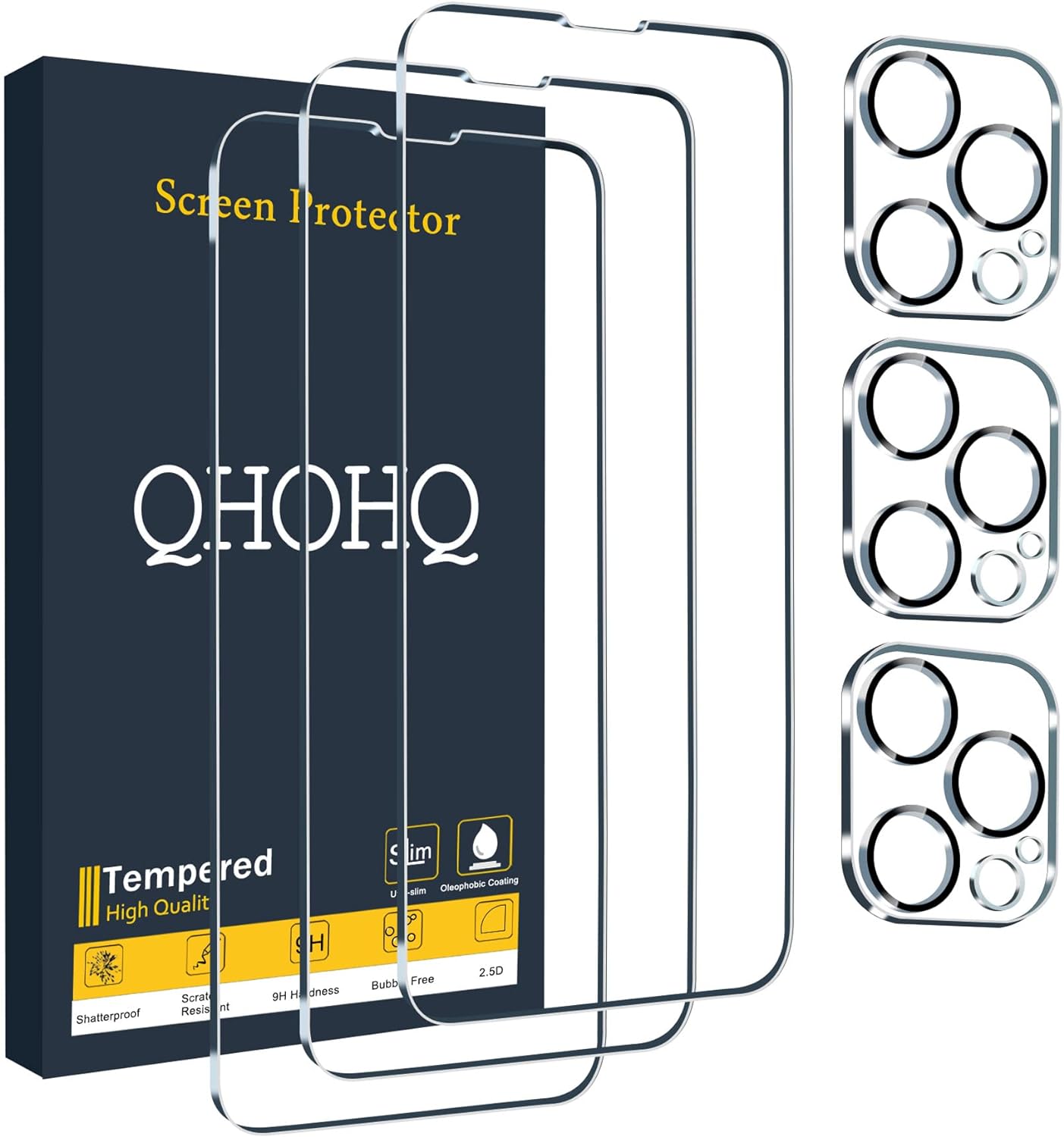 QHOHQ 3 Pack Screen Protector for iPhone 13 Pro 6.1 Inch with 3 Pack Tempered Glass Camera Lens Protector, Ultra HD, 9H Hardness, Scratch Resistant - Case Friendly [Not fit iPhone 13 Pro Max 6.7]