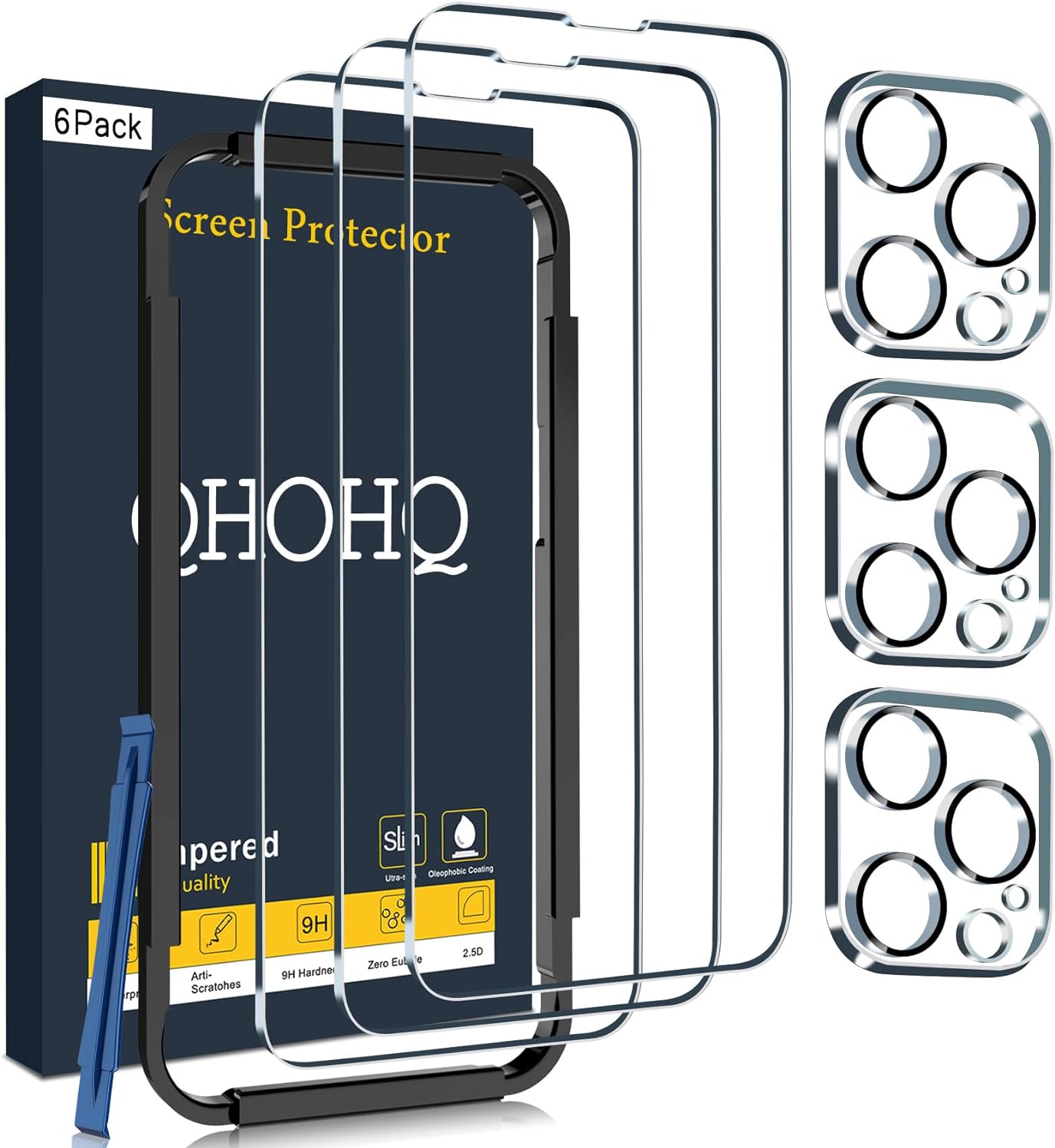 QHOHQ 3 Pack Screen Protector for iPhone 14 Pro 6.1 Inch with 3 Pack Tempered Glass Camera Lens Protector, Ultra HD, 9H Hardness, Scratch Resistant, Case Friendly