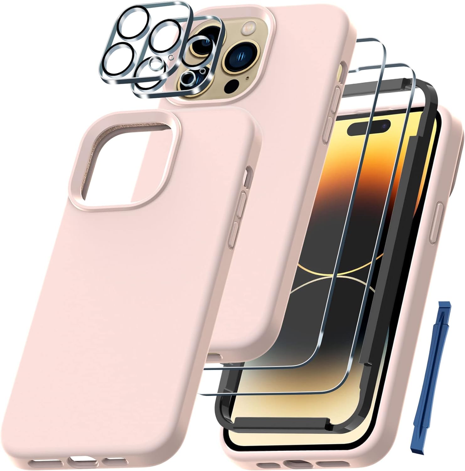 QHOHQ [5 in 1] for iPhone 14 Pro Max Case, with 2X Screen Protector + 2X Camera Lens Protector, Soft Silicone Military Shockproof Slim Thin Phone Case 6.7 Inch, Pink