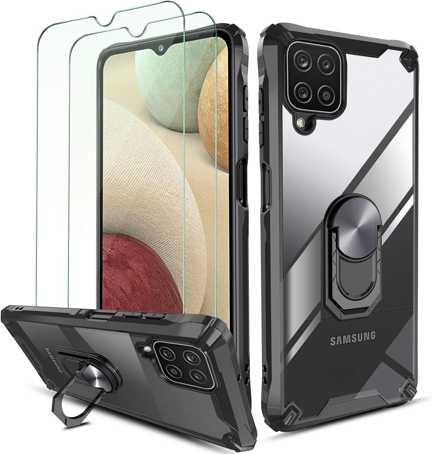 QHOHQ Case for Samsung Galaxy A12 6.5 with 2 Pack Screen Protector,[360 Rotating Stand] [Military Grade Anti-Fall Protection],Transparent PC Back Cover,Rugged Shockproof Edge Protection-Black