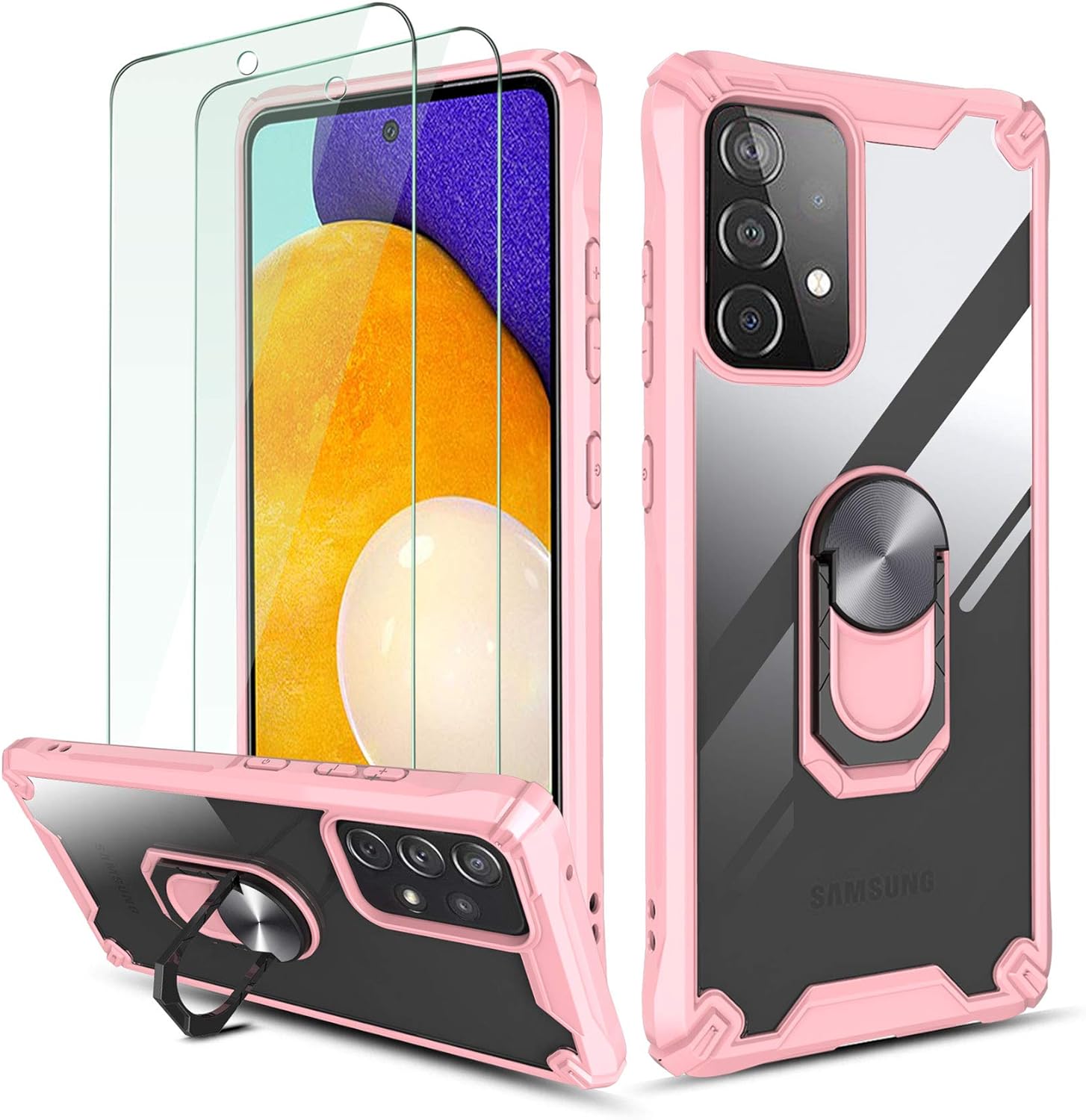 QHOHQ Case for Samsung Galaxy A52 4G/5G 6.5 with 2 Pack Screen Protector,[360 Rotating Stand] [5 Times Military Grade Anti-Fall Protection],Transparent PC Back Cover, Soft TPU Edge-Pink