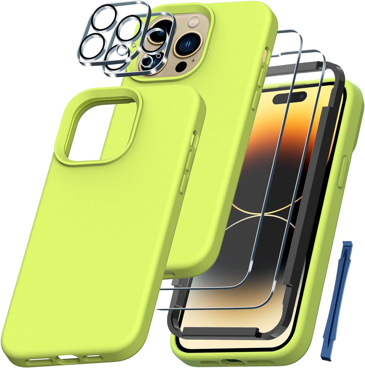 QHOHQ [5 in 1] for iPhone 14 Pro Case, with 2X Screen Protector + 2X Camera Lens Protector, Soft Silicone Military Shockproof Slim Thin Phone Case 6.1 Inch, Fluorescent Yellow