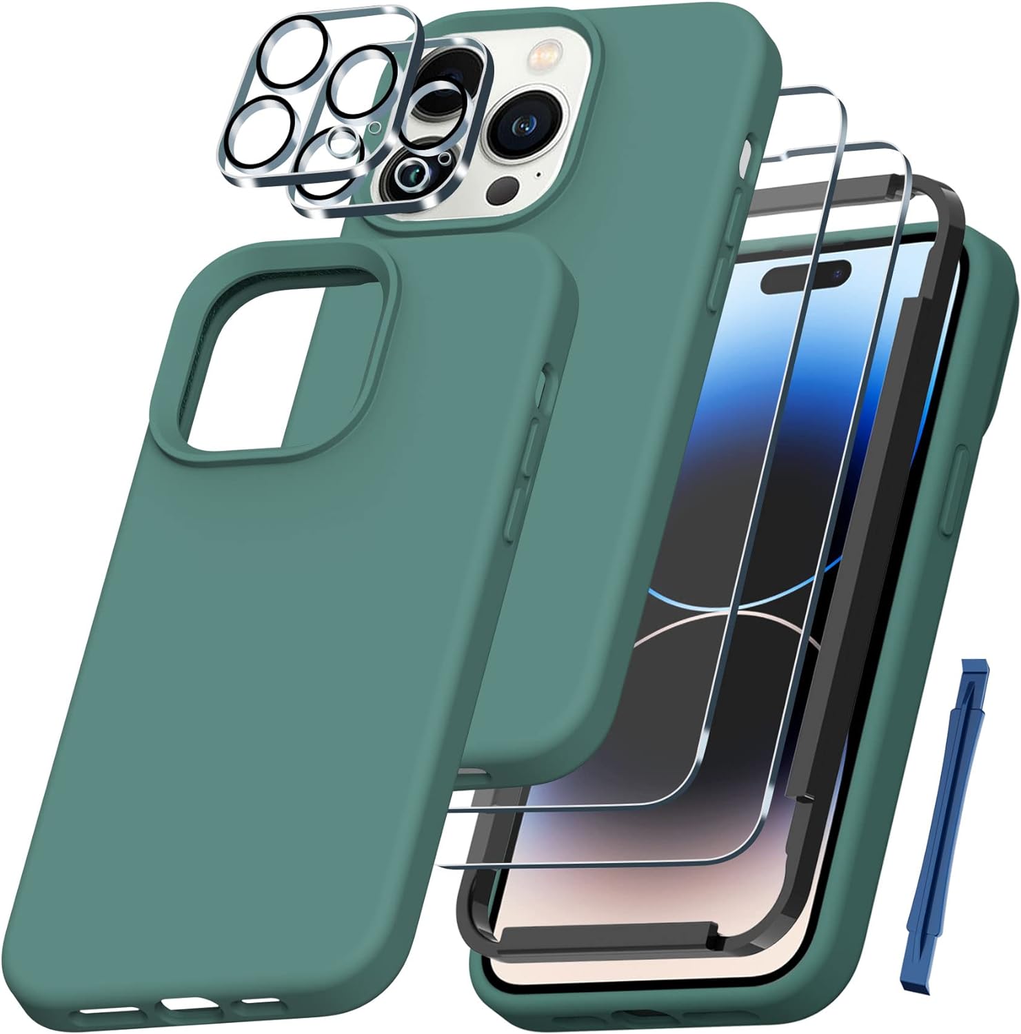 QHOHQ [5 in 1] for iPhone 14 Pro Max Case, with 2X Screen Protector + 2X Camera Lens Protector, Soft Silicone Military Shockproof Slim Thin Phone Case 6.7 InchMidnight Green