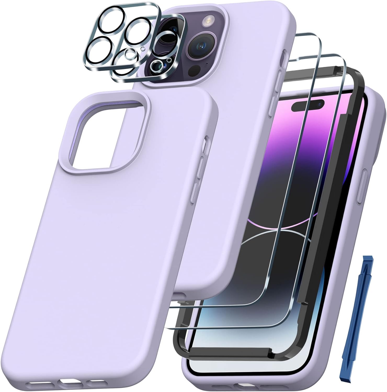 QHOHQ [5 in 1] for iPhone 14 Pro Case, with 2X Screen Protector + 2X Camera Lens Protector, Soft Silicone Military Shockproof Slim Thin Phone Case 6.1 Inch, Elegant Purple