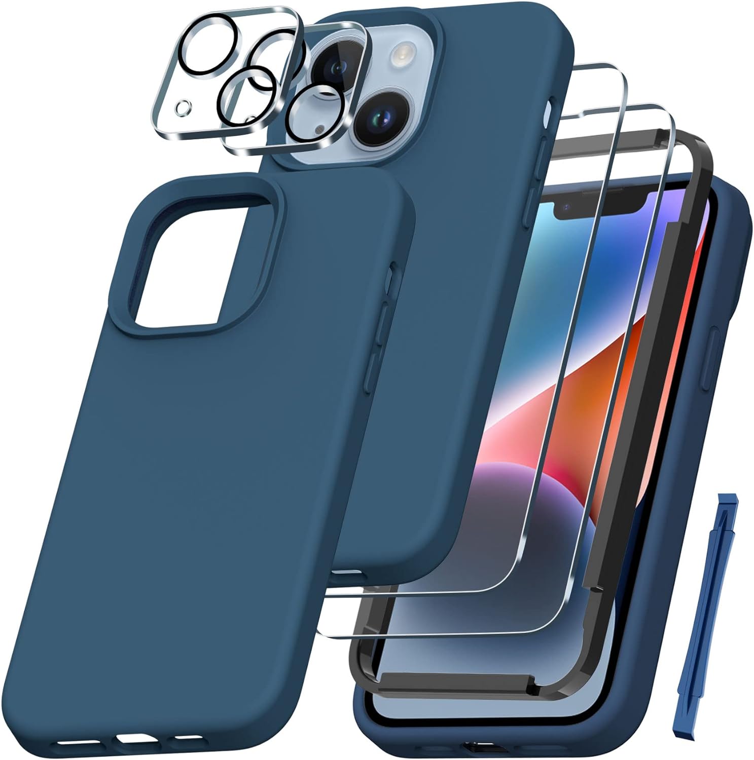 QHOHQ [5 in 1] for iPhone 14 Plus Case, with 2X Screen Protector + 2X Camera Lens Protector, Soft Silicone Military Shockproof Slim Thin Phone Case 6.7 Inch for Men and Women, Cobalt Blue