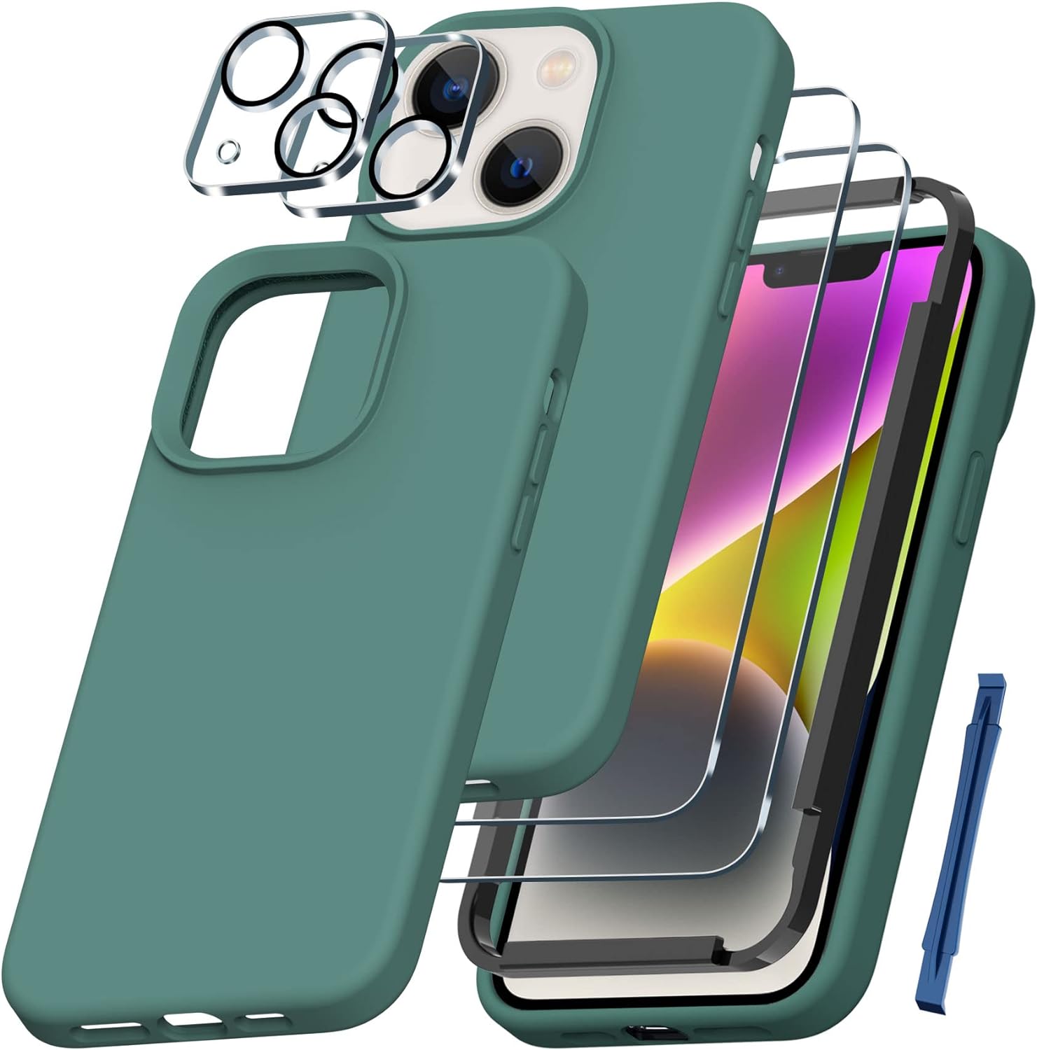 QHOHQ [5 in 1] for iPhone 14 Plus Case, with 2X Screen Protector + 2X Camera Lens Protector, Soft Silicone Military Shockproof Slim Thin Phone Case 6.7 Inch for Men and Women, Midnight Green