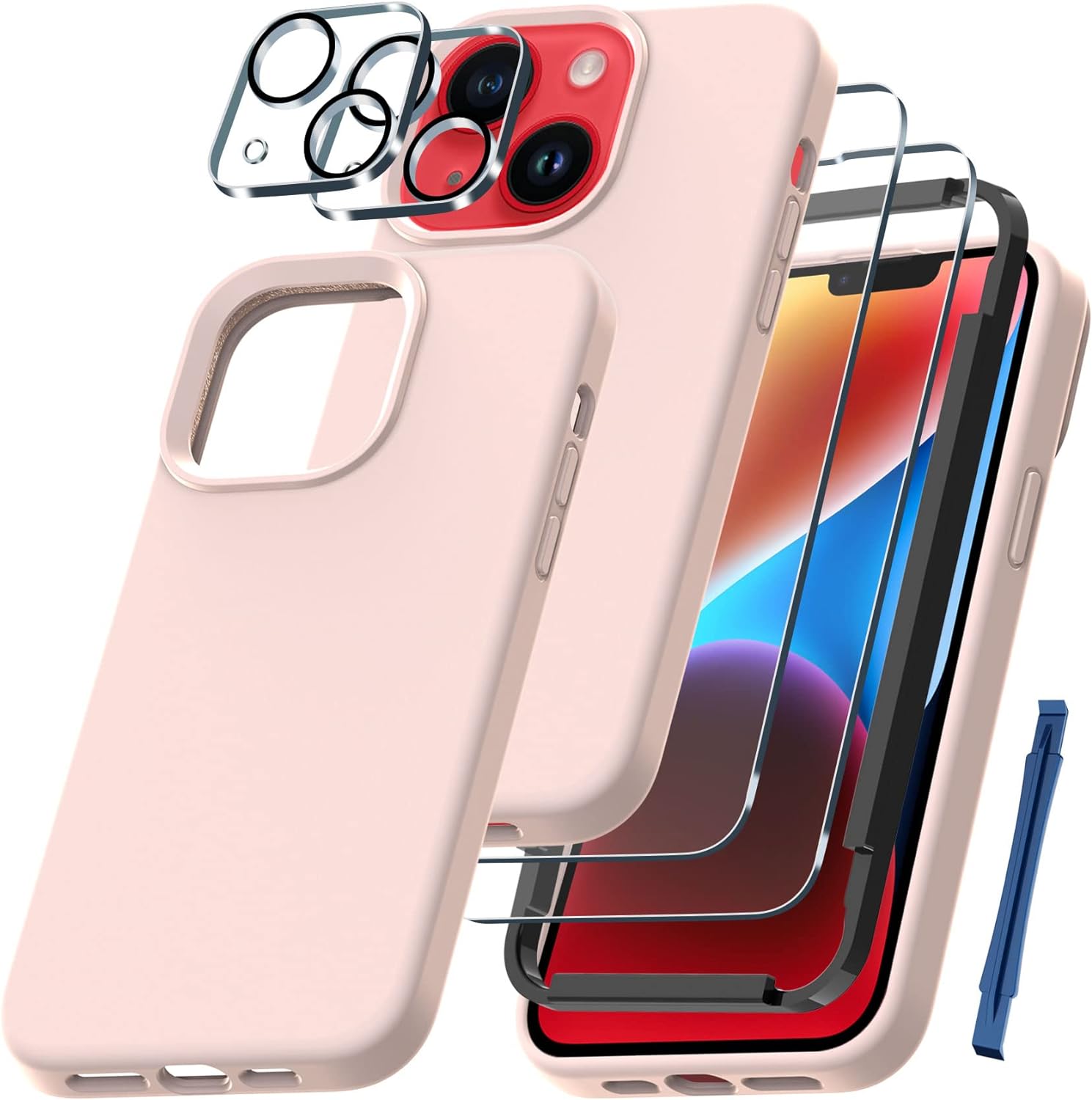 QHOHQ [5 in 1] for iPhone 14 Plus Case, with 2X Screen Protector + 2X Camera Lens Protector, Soft Silicone Military Shockproof Slim Thin Phone Case 6.7 Inch for Men and Women, Pink