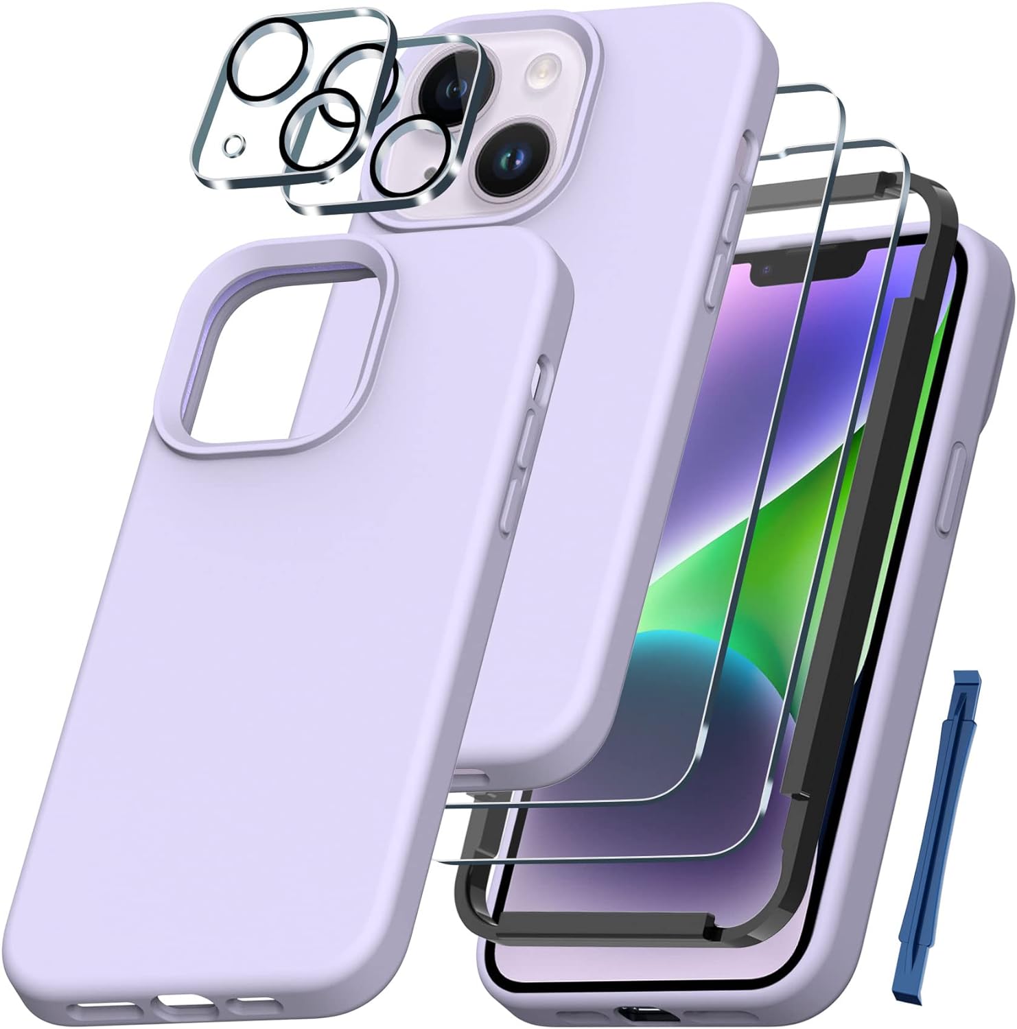 QHOHQ [5 in 1] for iPhone 14 Plus Case, with 2X Screen Protector + 2X Camera Lens Protector, Soft Silicone Military Shockproof Slim Thin Phone Case 6.7 Inch for Men and Women, Elegant Purple