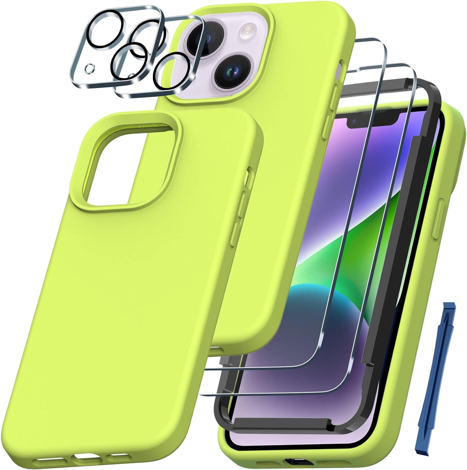 QHOHQ [5 in 1] for iPhone 14 Plus Case, with 2X Screen Protector + 2X Camera Lens Protector, Soft Silicone Military Shockproof Slim Thin Phone Case 6.7 Inch for Men and Women, Fluorescent Yellow