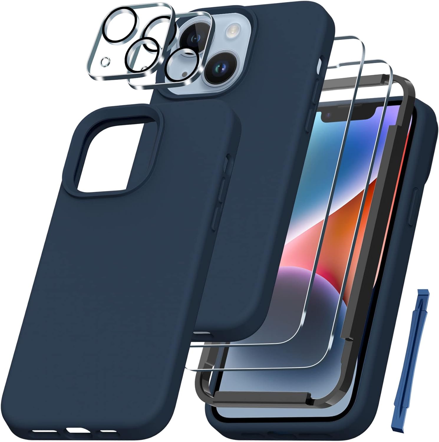 QHOHQ [5 in 1] for iPhone 14 / iPhone 13 Case, with 2X Screen Protector + 2X Camera Lens Protector, Soft Silicone Military Shockproof Slim Thin Phone Case 6.1 Inch, Navy Blue