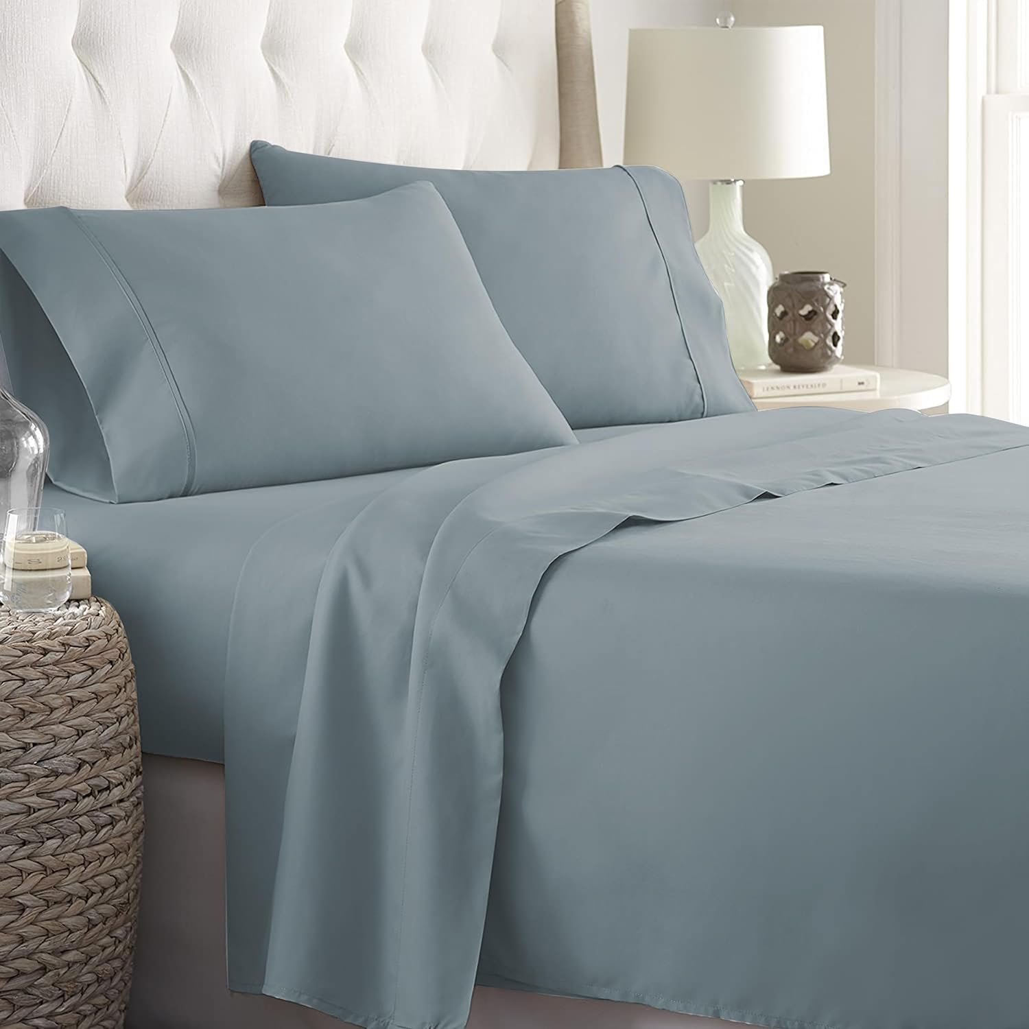 Danjor Linens Queen Sheet Set - 6 Piece Set Including 4 Pillowcases - Deep Pockets - Breathable, Soft Bed Sheets - Wrinkle Free - Machine Washable - Spa Blue Sheets for Queen Size Bed - 6 pc