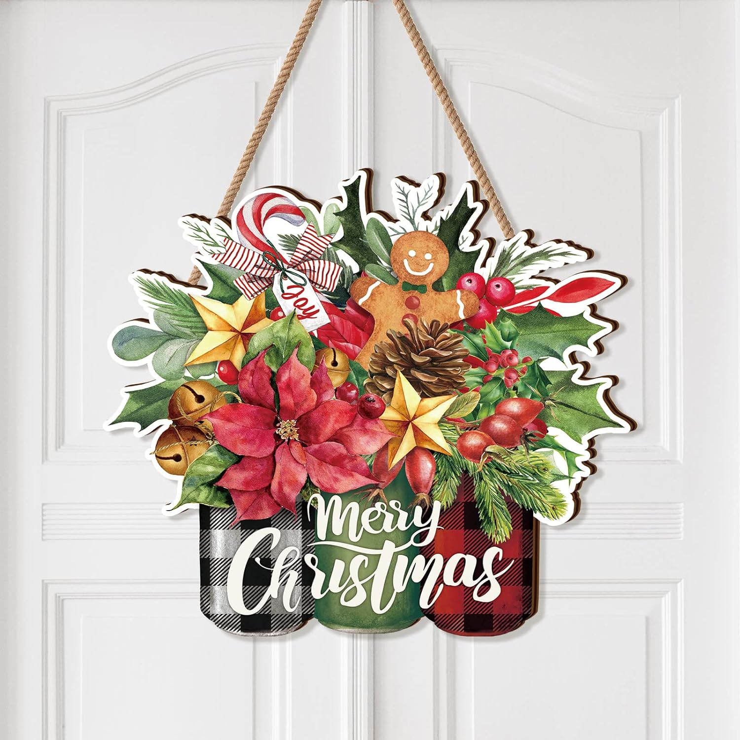 BBTO Merry Christmas Door Sign(Gingerbread Man Style) Buffalo Plaid Tree Mason Jar Sign Wood Decor Farmhouse Hanging Plaque for Gingerbread Porch Xmas Front Home