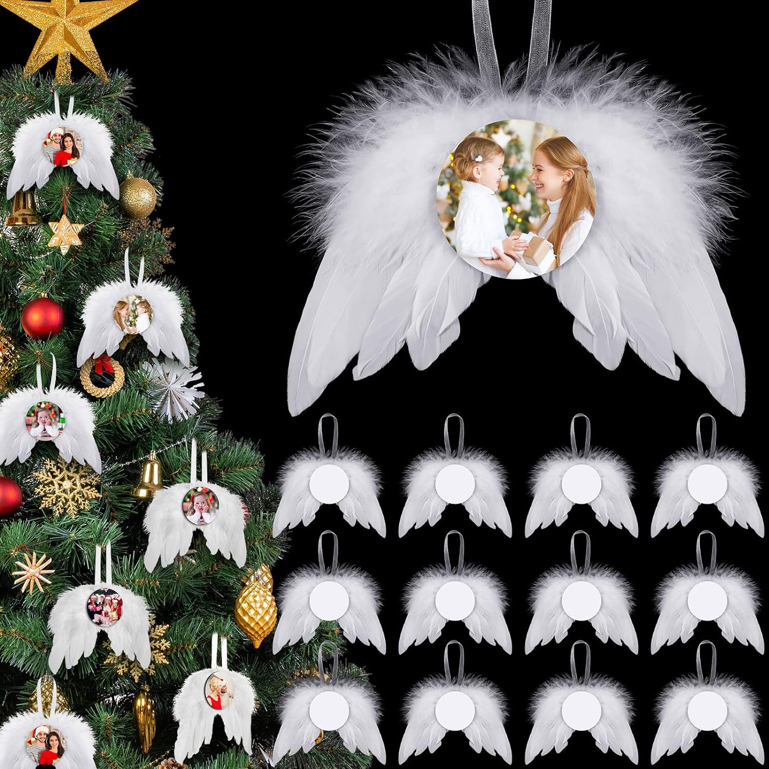 36 Pieces Angel Feather Wings Ornament Sublimation Ornament Blanks Set White Angel Wings for Crafts Round Hanging Sublimation Blanks Bulk for Tree Decor Party Decorations DIY Craft