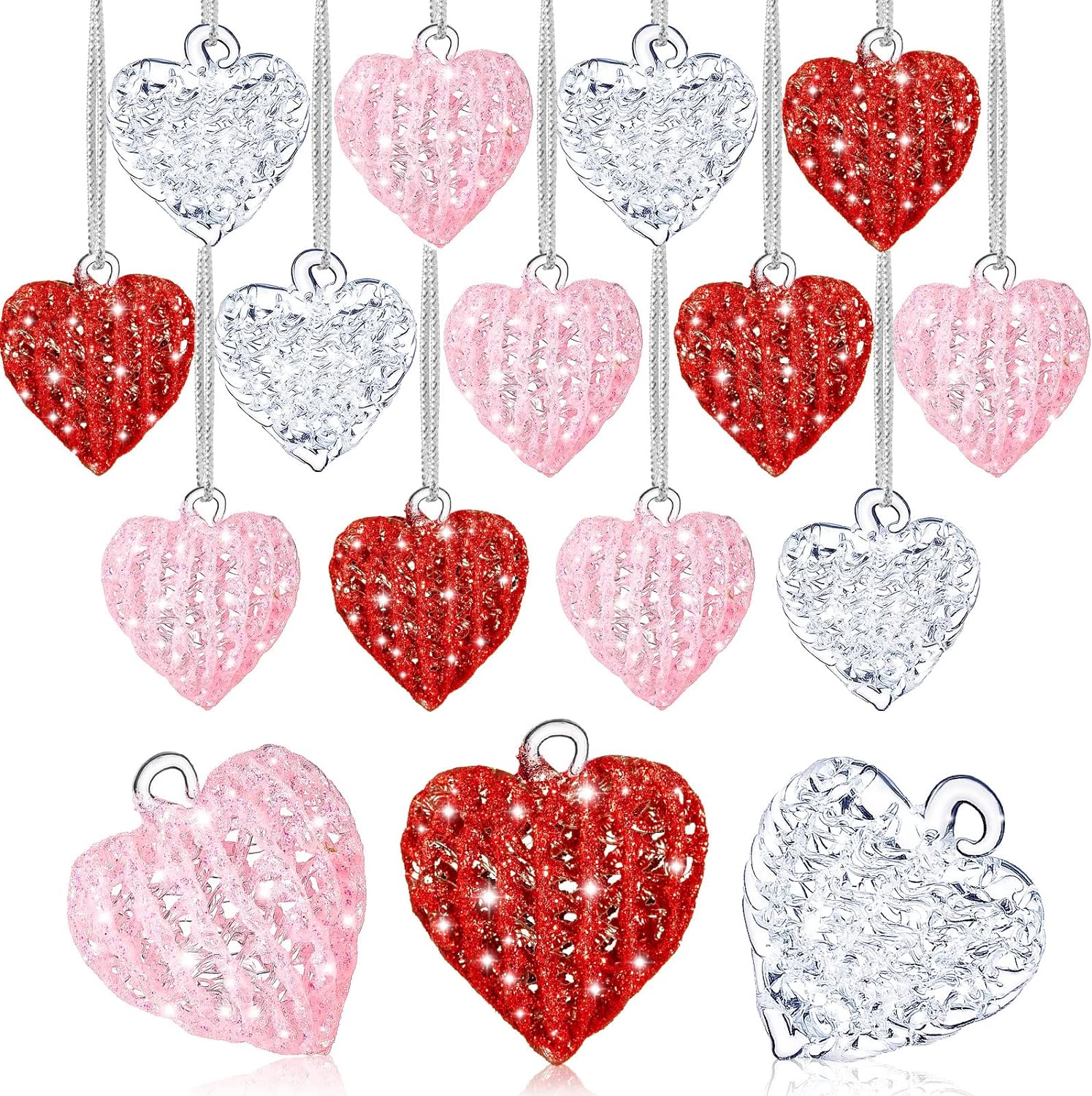 21 Pieces Valentine' Day Glass Heart Ornaments Clear Heart Hanging Glass Decorations Crystal Heart Ornaments Small Heart Shaped Glass Ornaments for Valentine' Day Decor (Clear, Red, Pink)