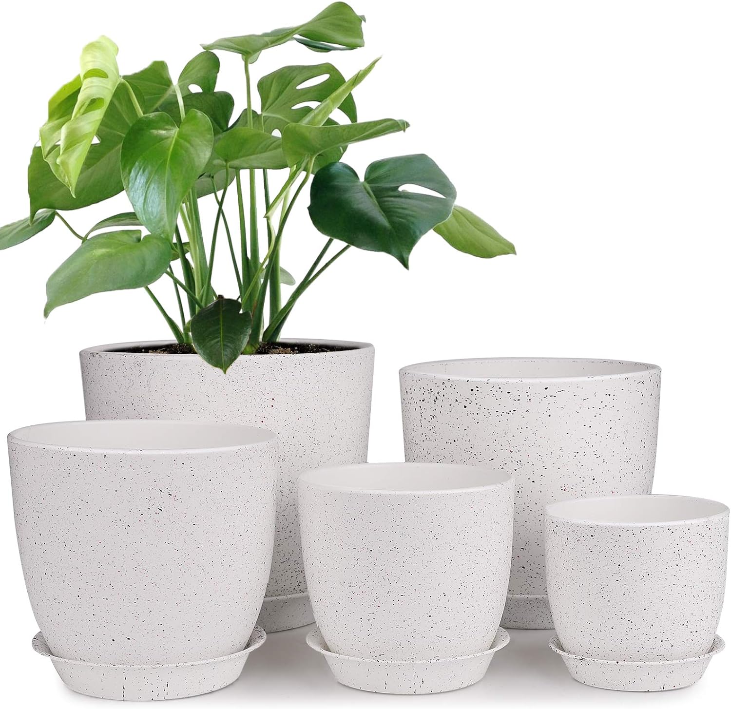 HOMENOTE Plastic Planter 7/6/5.5/4.8/4.5 Inch Flower Pot Indoor Modern Decorative Plant Pots with Drain Hole and Saucer for All House Plants, Succulents, Flowers, Speckled White