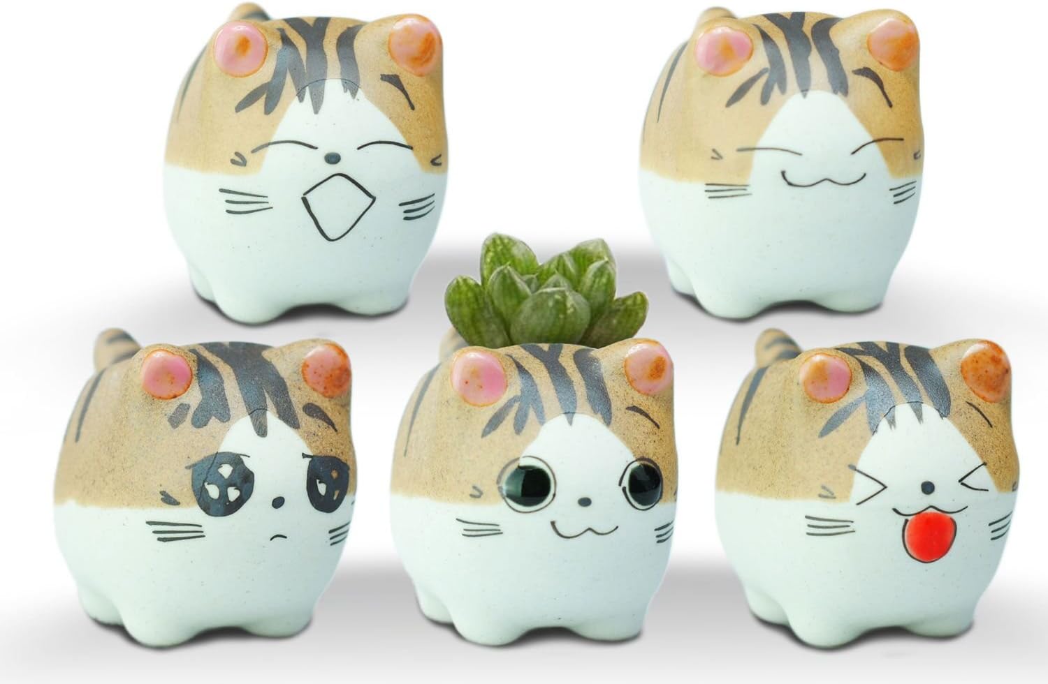 VanEnjoy Original Design Handmade Mini Cute Cartoon Ceramic Succulent Pots Planters Cat, with Drainage Hole, Flower Pot, Ceramic Ornaments Cat Gifts for Cat Lovers Office - Pack of 5