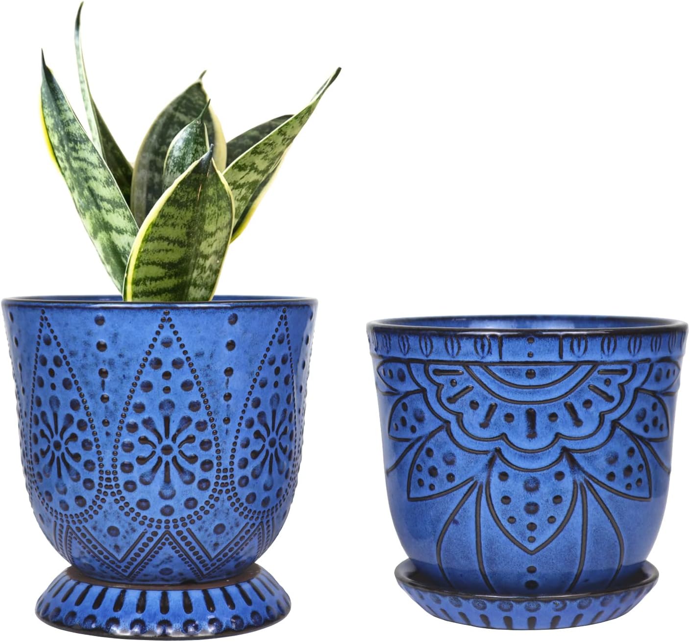 6 Inch Beaded Ceramic Planter Set of 2 with Drainage Hole and Saucer for Plants, Indoor-Outdoor Large Round Succulent Orchid Flower Pot (Blue, for Inner-pots not Larger Than 5 Inch)