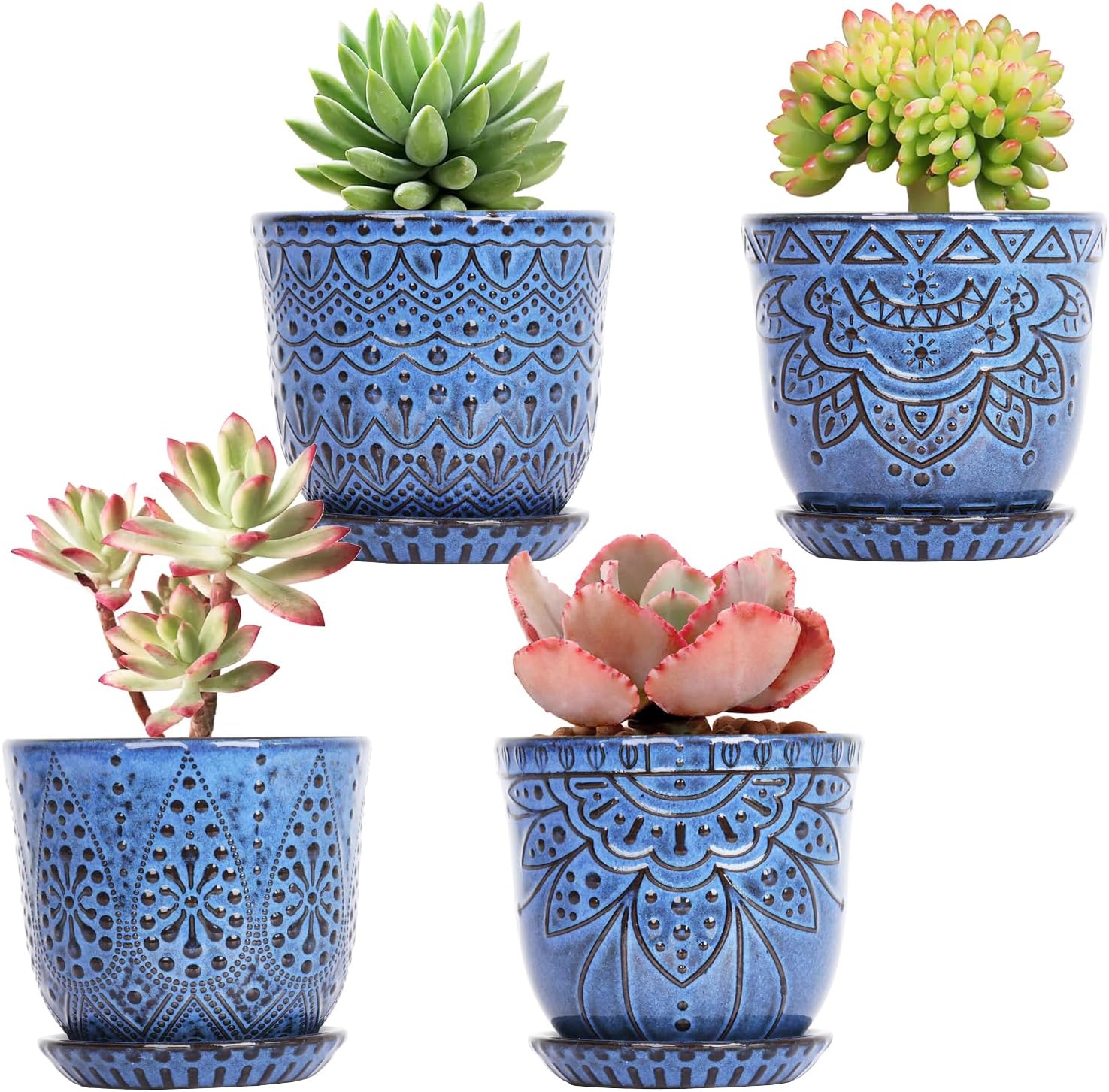 Succulent Pots, 4 Inch Small Indoor Ceramic Planter Pot with Drainage Holes and Saucers for Plants- Creamy White - Set of 4