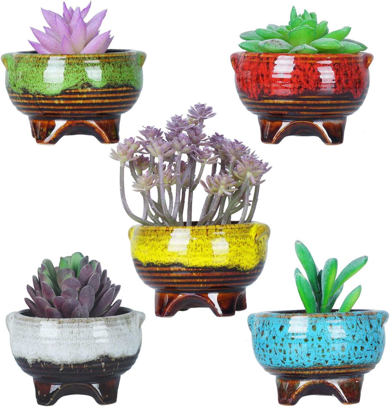 ARTKETTY Succulent Pots - 4 Inch Small Succulent Planters Pots with Drainage Pack of 5, Ceramic Pots for Indoor Plants Colorful Flower Bonsai Planter Container