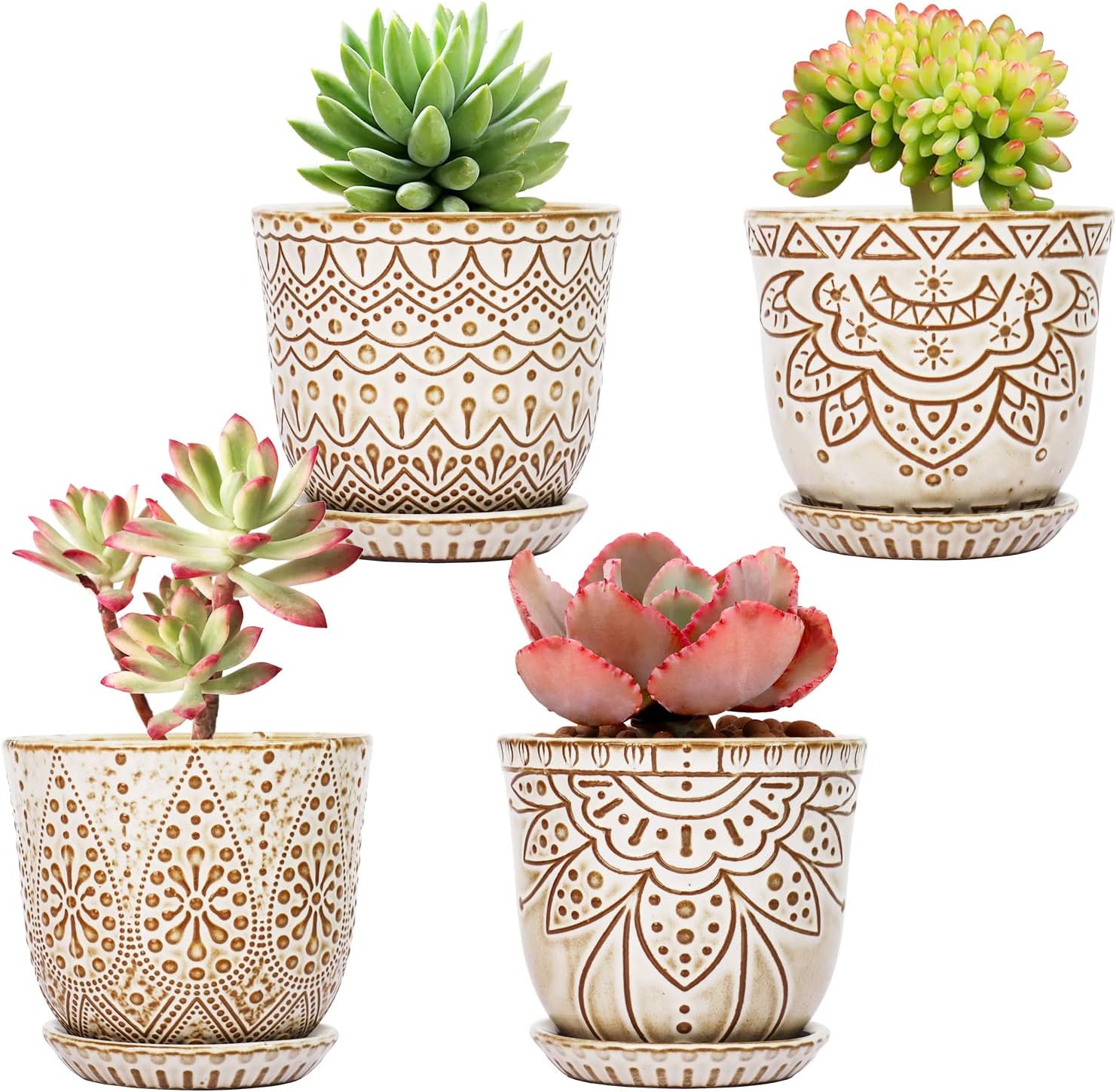 Succulent Pots, 4 Inch Small Indoor Ceramic Planter Pot with Drainage Holes and Saucers for Plants- Creamy White - Set of 4