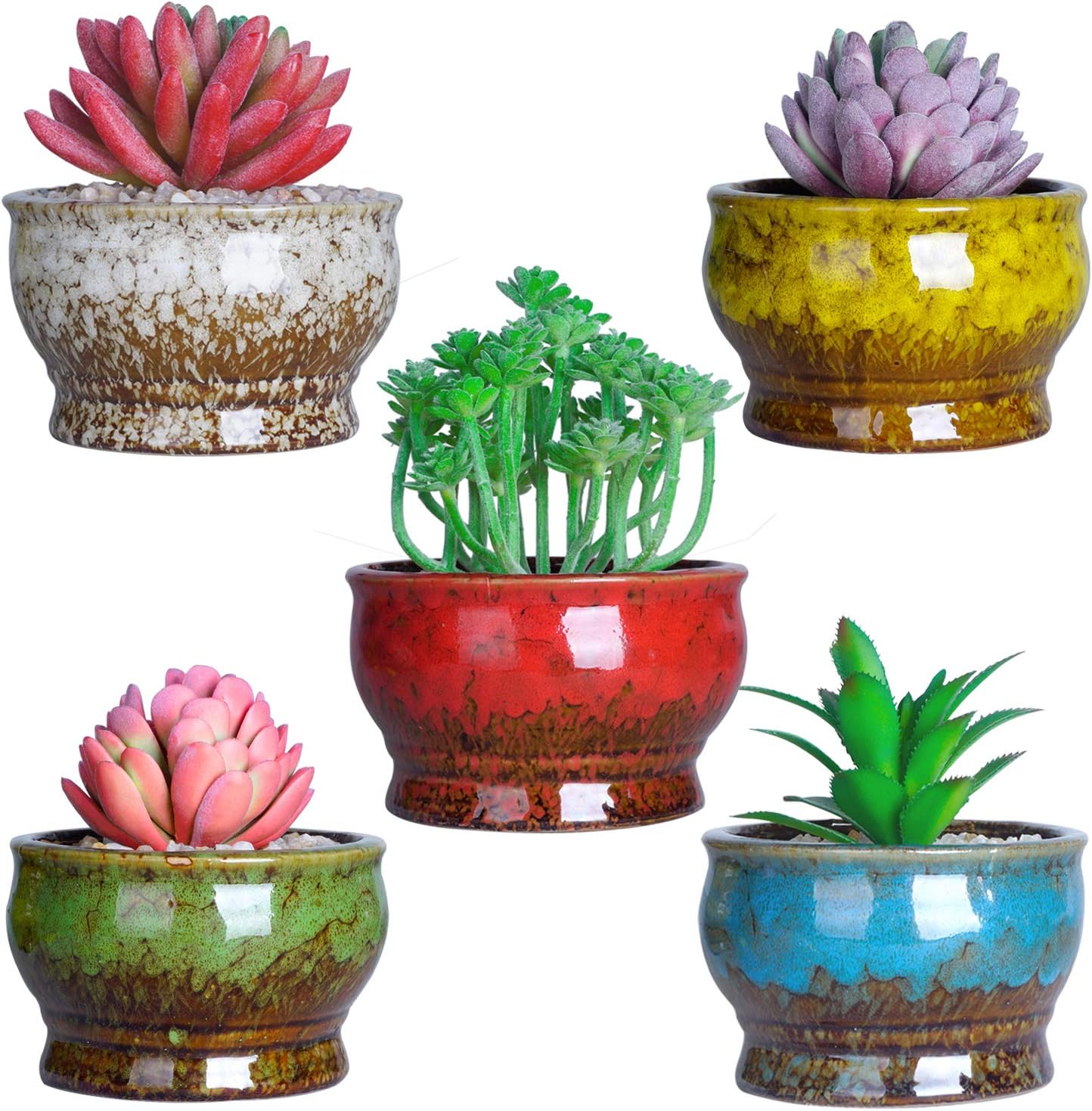 ARTKETTY Succulent Pots - 4.3 Inch Small Plant Pots with Drainage Set of 5, Ceramic Pots for Indoor Plants Glazed Cactus Flower Planter Container