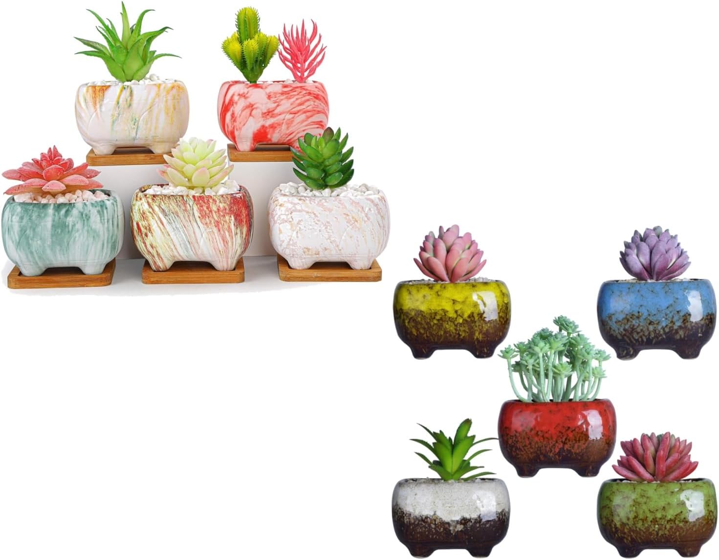 ARTKETTY Succulent Pots - 4.7 Small Plant Pots with Drainage Rectangular Cactus Pots Bulk with Trays Ceramic Pots for Indoor Flower Plants