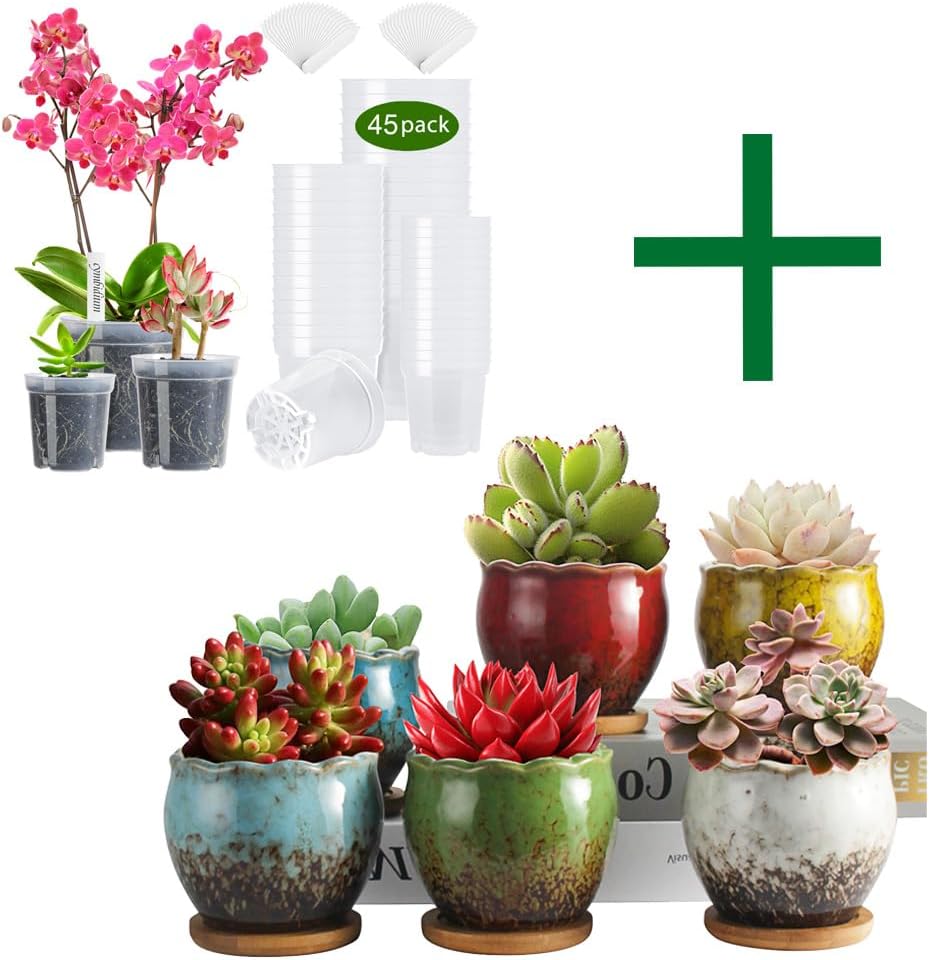 ZOUTOG Succulent Pots & Nursery Pots, 4 inch Colorful Ceramic Flower Pots, 45 Pack 3.5/4 / 4.5 inches Plastic Pots for Plants with Drainage Holes