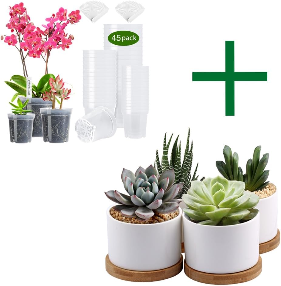 ZOUTOG Succulent Pots & Nursery Pots, White Mini 3.15 inch Ceramic Flower Planter Pot with Bamboo Tray, 45 Pack 3.5/4 / 4.5 inches Plastic Pots for Plants with Drainage Holes