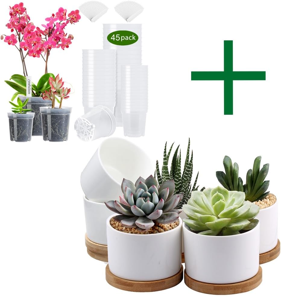 Succulent Pots & Nursery Pots, ZOUTOG White Mini 3.15 inch Ceramic Flower Planter Pot with Bamboo Tray, 45 Pack 3.5/4 / 4.5 inches Plastic Pots for Plants with Drainage Holes