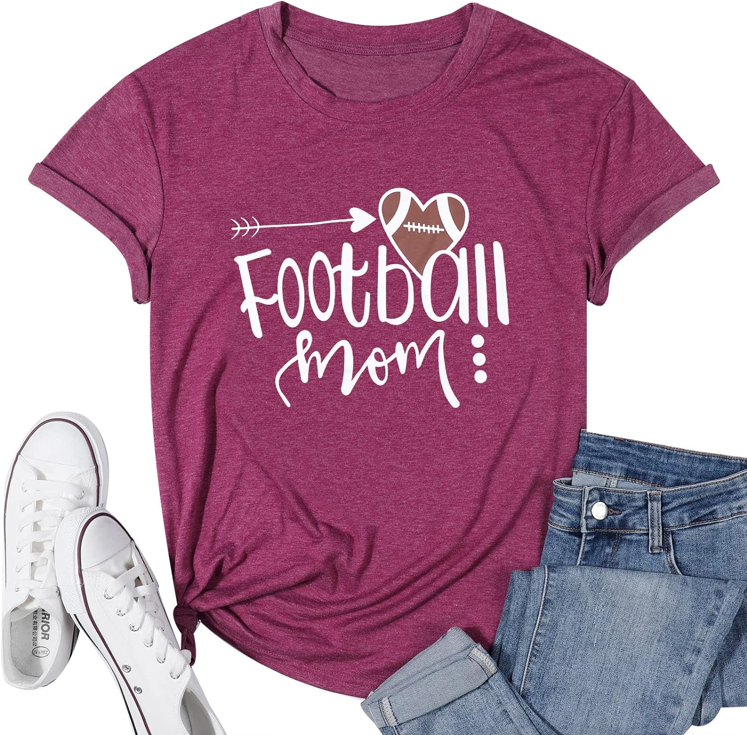 Football Mom T Shirts Women Love Heart Football Tee Shirts Casual Short Sleeve Game Day Tee Tops with Saying Loose Top