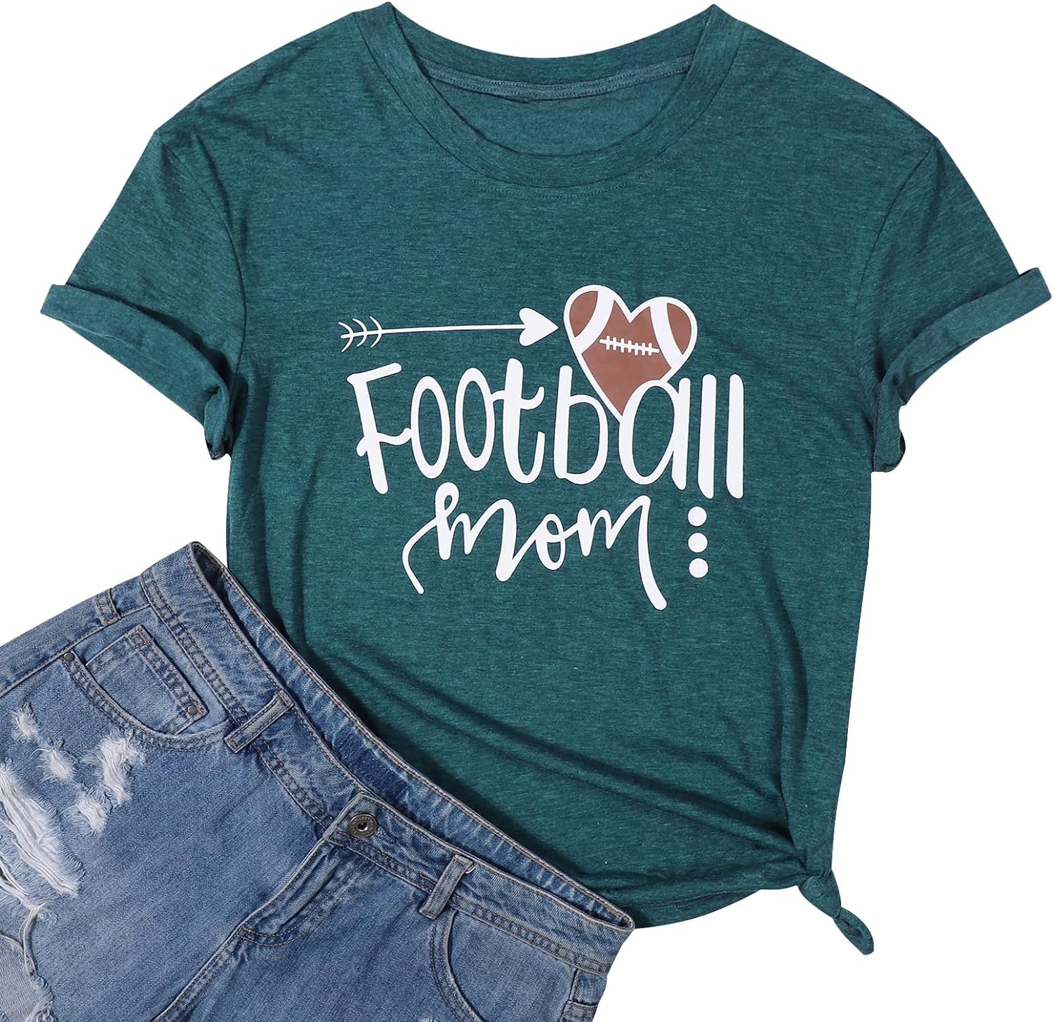 Football Mom T Shirts Women Love Heart Football Tee Shirts Casual Short Sleeve Game Day Tee Tops with Saying Loose Top