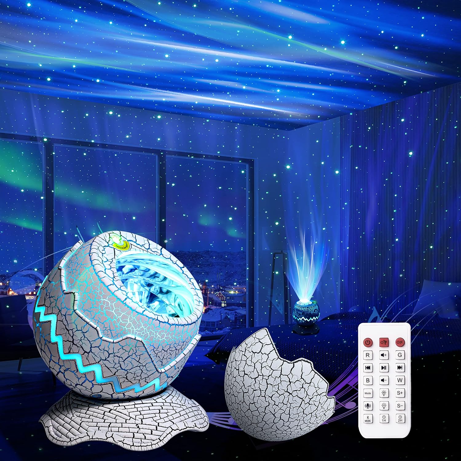 AIRIVO Northern Lights Aurora Projector Dinosaur Egg Star Projector for Bedroom, Galaxy Projector with Bluetooth Speaker & White Noise & Timing, Night Light for Kids Adults (White 01)