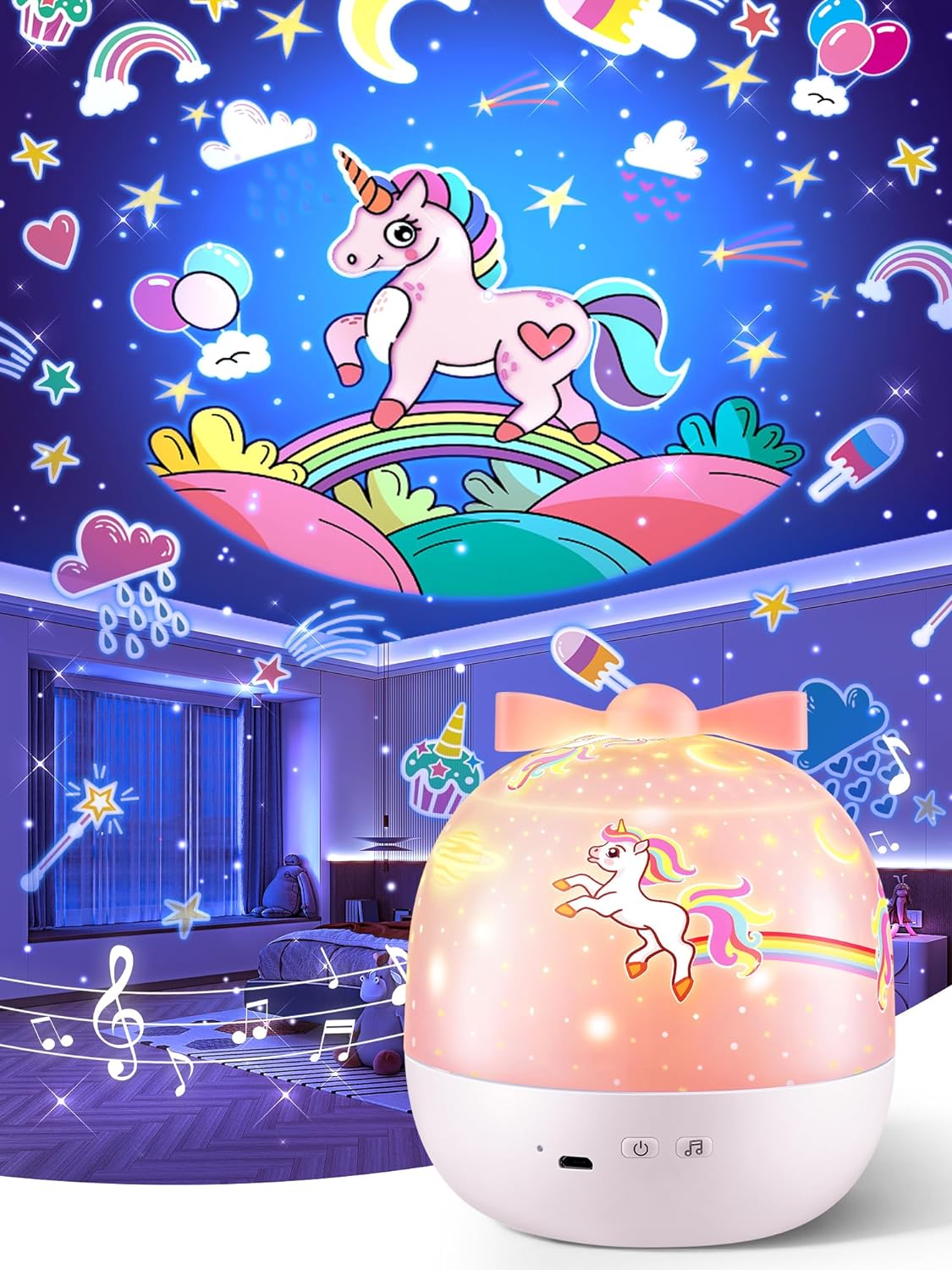 GIFTS PACKAGEUnicorn Gifts for Girls NightLight 15 Films+10 Music Soothing Sounds Machine Baby Night Light Projector, LED Star Lights for Ceiling Decor, Kawaii Unicorns Noise Machine for Girls Gifts