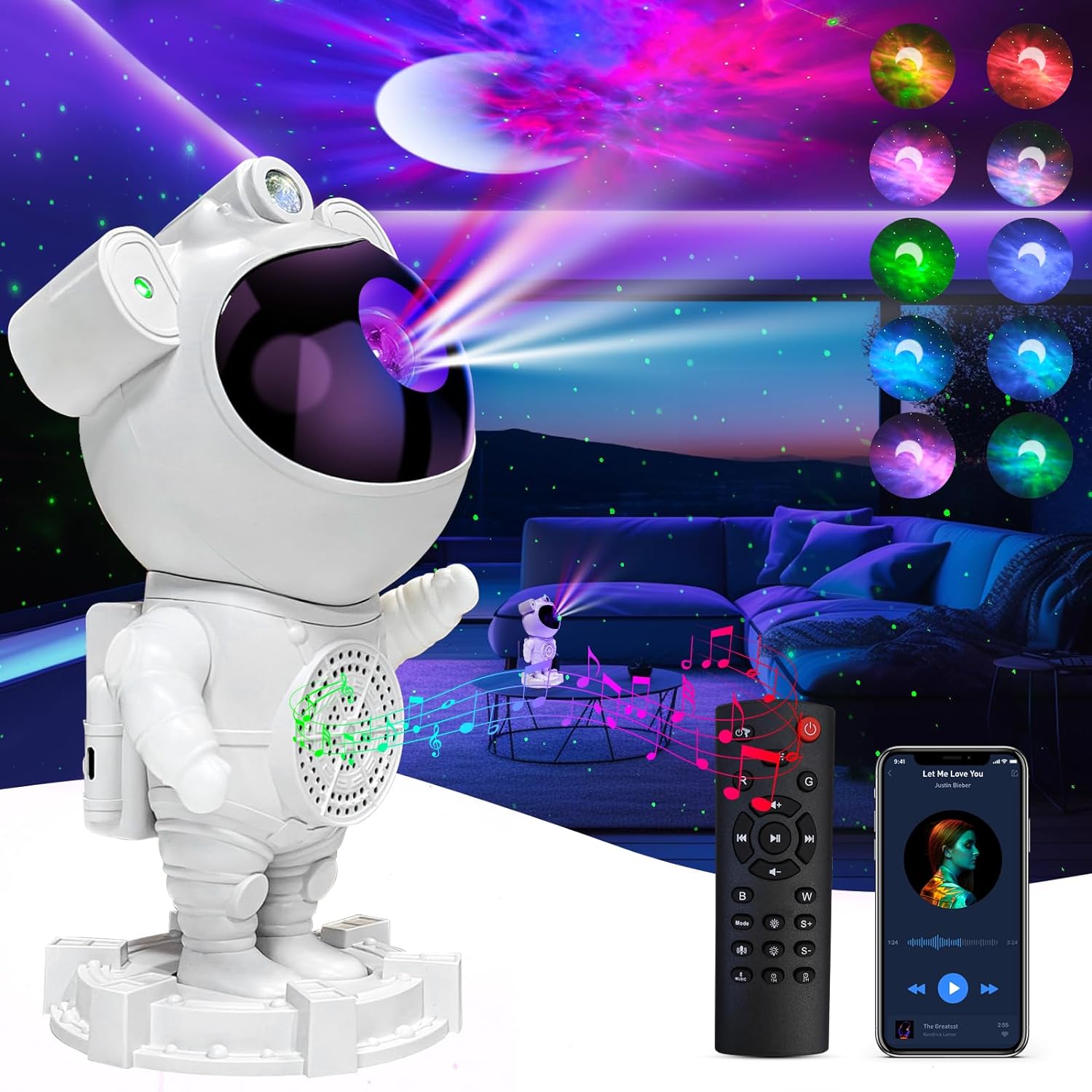 Astronaut Galaxy Projector, Music Speaker, White Noise, Star and Moon Galaxy Lights for Bedroom with Timer, Nebula Night Light 360 Adjustable with Remote, Spaceman Galaxy Projector for Kids