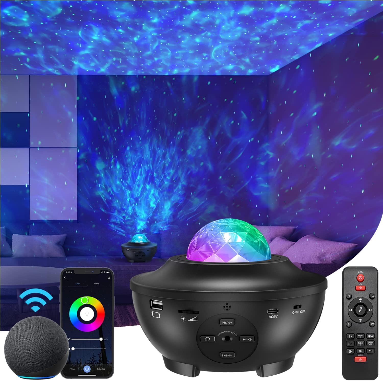 Galaxy Projector Star Projector with Bluetooth/Music Speaker/Voice Control/Timer,Work with Alexa & Google Assistant,Starry Night Light Projector for Kids Adult Bedroom/Christmas Decoration/Ideal Gift