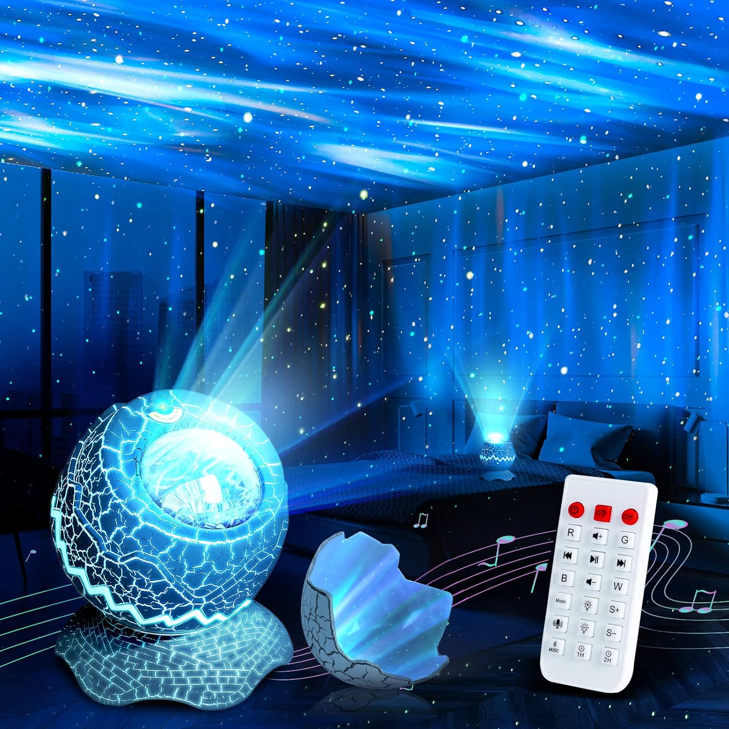 Galaxy Star Projector, Aurora Projector with 33 Light Effects, Dinosaur Egg Lights for Bedroom Decor with Bluetooth Speaker White Noise & Remote Control