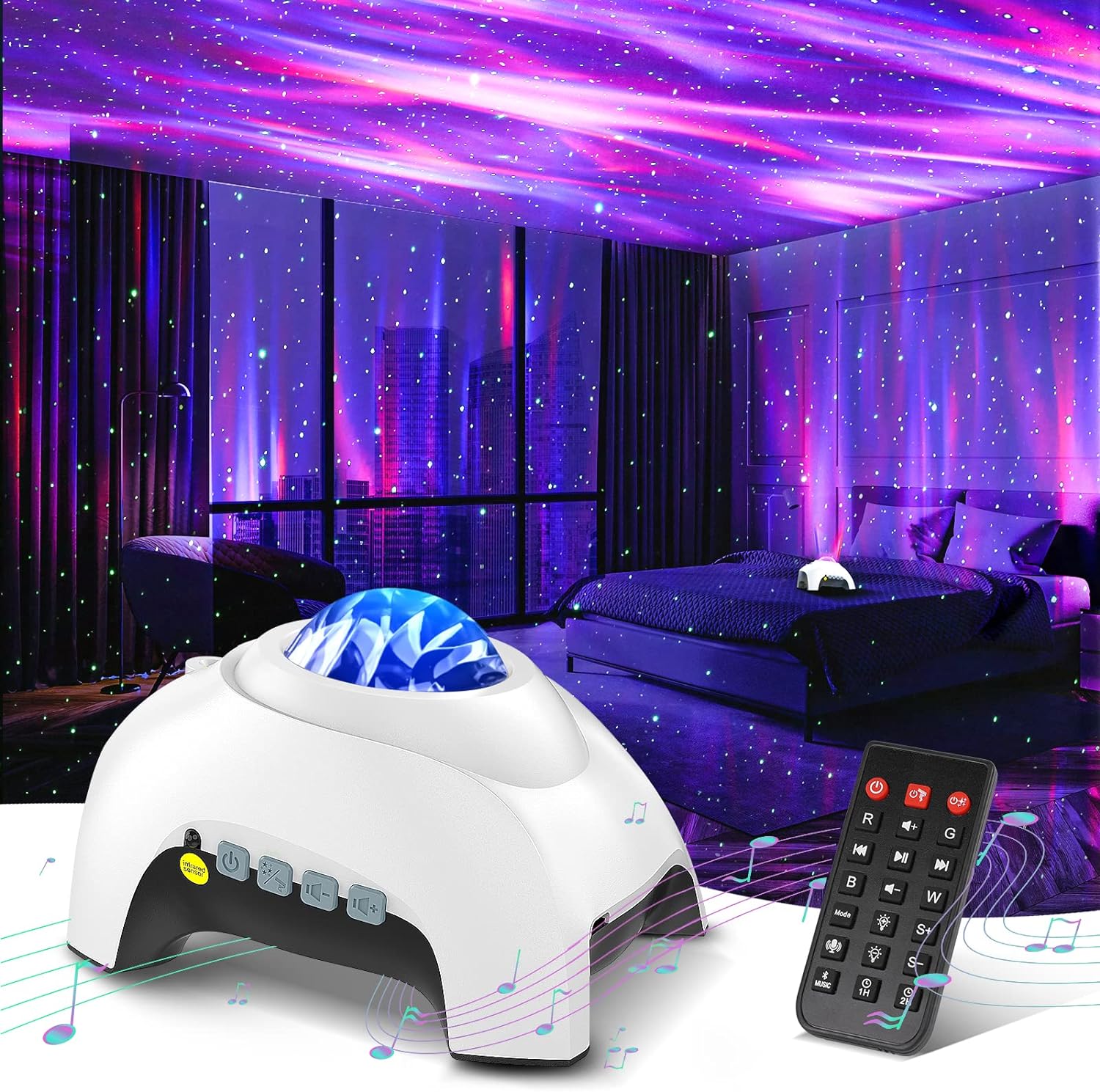 Northern Galaxy Light Aurora Projector with 33 Light Effects, Night Lights LED Star Projector for Bedroom Nebula Lamp, Remote Control, White Noises, Bluetooth Speaker for Parties(White)