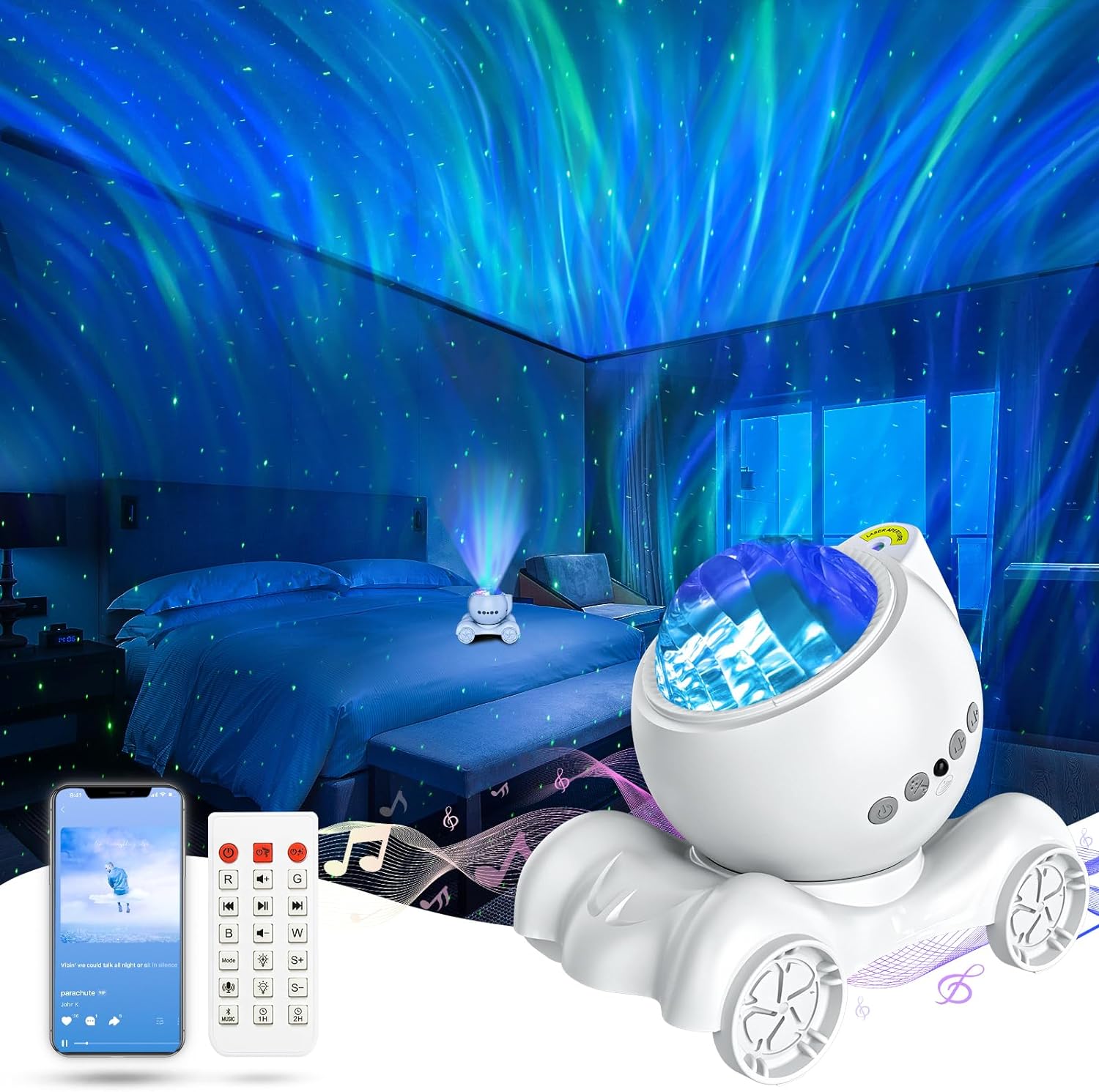 Aurora Projector, Galaxy Projector for Bedroom Built-in Bluetooth Speaker, 8 White Noise Night Light Projector, Star Projector for Ceiling/Party/Gift (White)