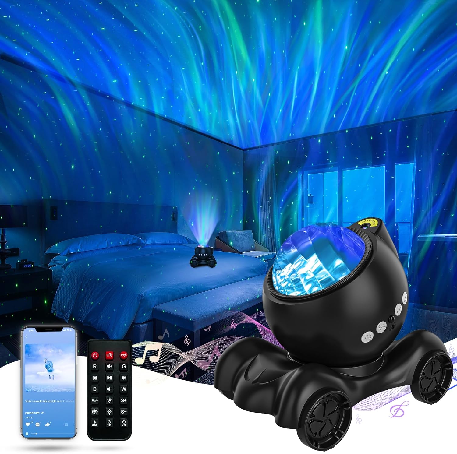 Aurora Projector, Galaxy Projector for Bedroom Built-in Bluetooth Speaker, White Noise Night Light Projector for Kids Adult, Star Projector for Bedroom/Ceiling/Party/Gift (Black)