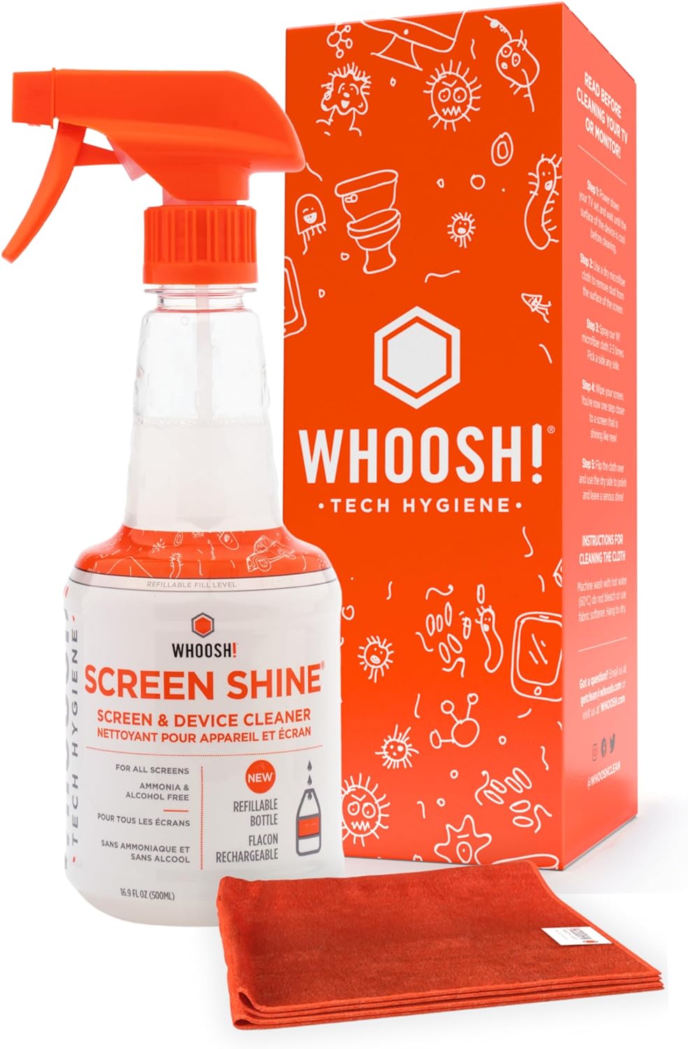 WHOOSH! 2.0 Screen Cleaner Kit - [New REFILLABLE 16.9 Oz ] Best for Smartphones, iPads, Eyeglasses, TV Screen Cleaner, LED, LCD,Computer, Laptop & Touchscreen - 16.9 Fl Oz Full Bottle   1 Cloth