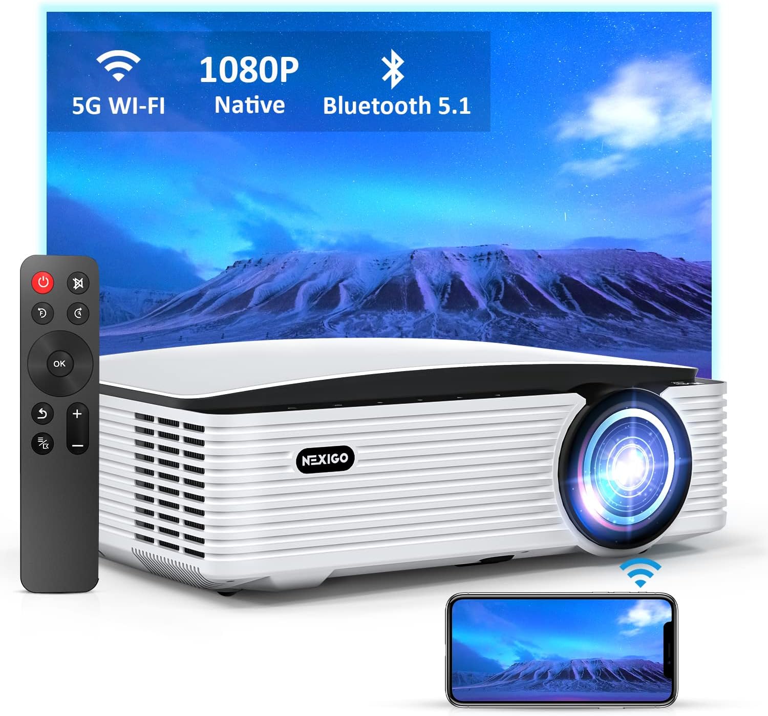 NexiGo Outdoor Projector, Native 1080P, Dolby_Sound Support, Movie Projector with WiFi and Bluetooth 5.1, Compatible w/TV Stick,iOS,Android,Laptop,Console