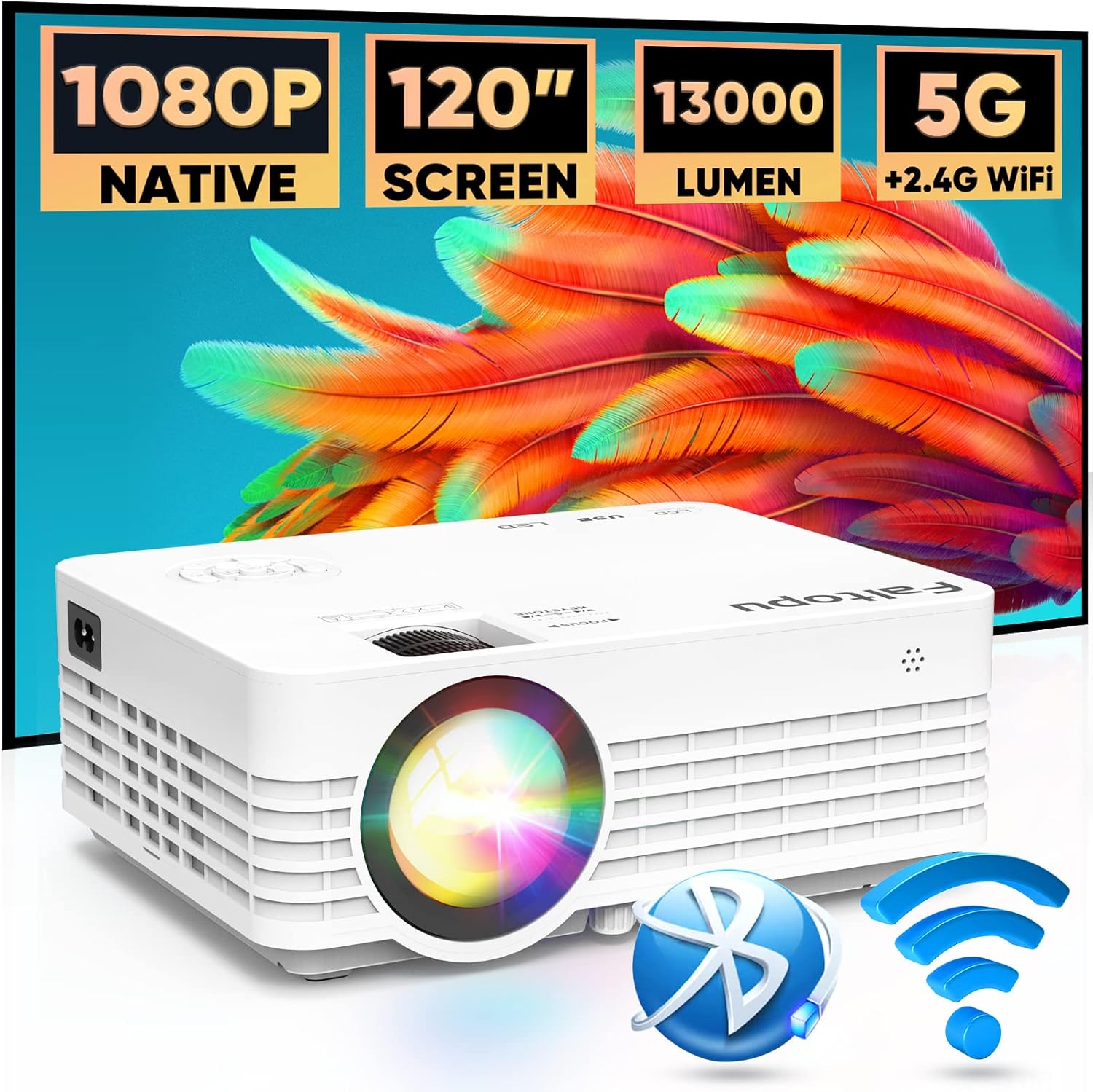 Native 1080P Projector, Mini PortableProjector with 120'' ScreenMovie Projector with 5G WiFi and Bluetooth, 13000L Full HD Outdoor Projector Compatible with iOS/Android,TV Stick,HDMI,USB