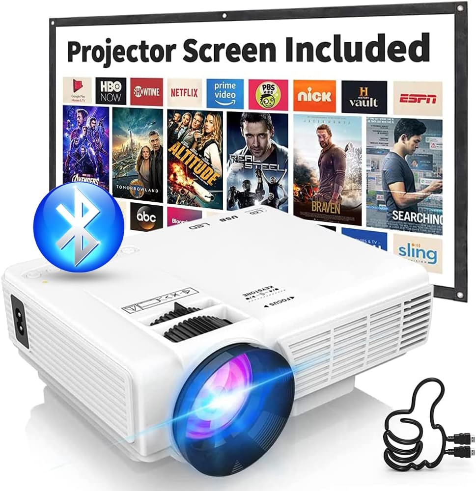 Updated Mini Projector with Bluetooth and Projector Screen, 9500Lumens Full HD 1080P Portable Video Projector, Home Theater Movie Projector Compatible with HDMI,USB,AV,Laptop,Smartphone